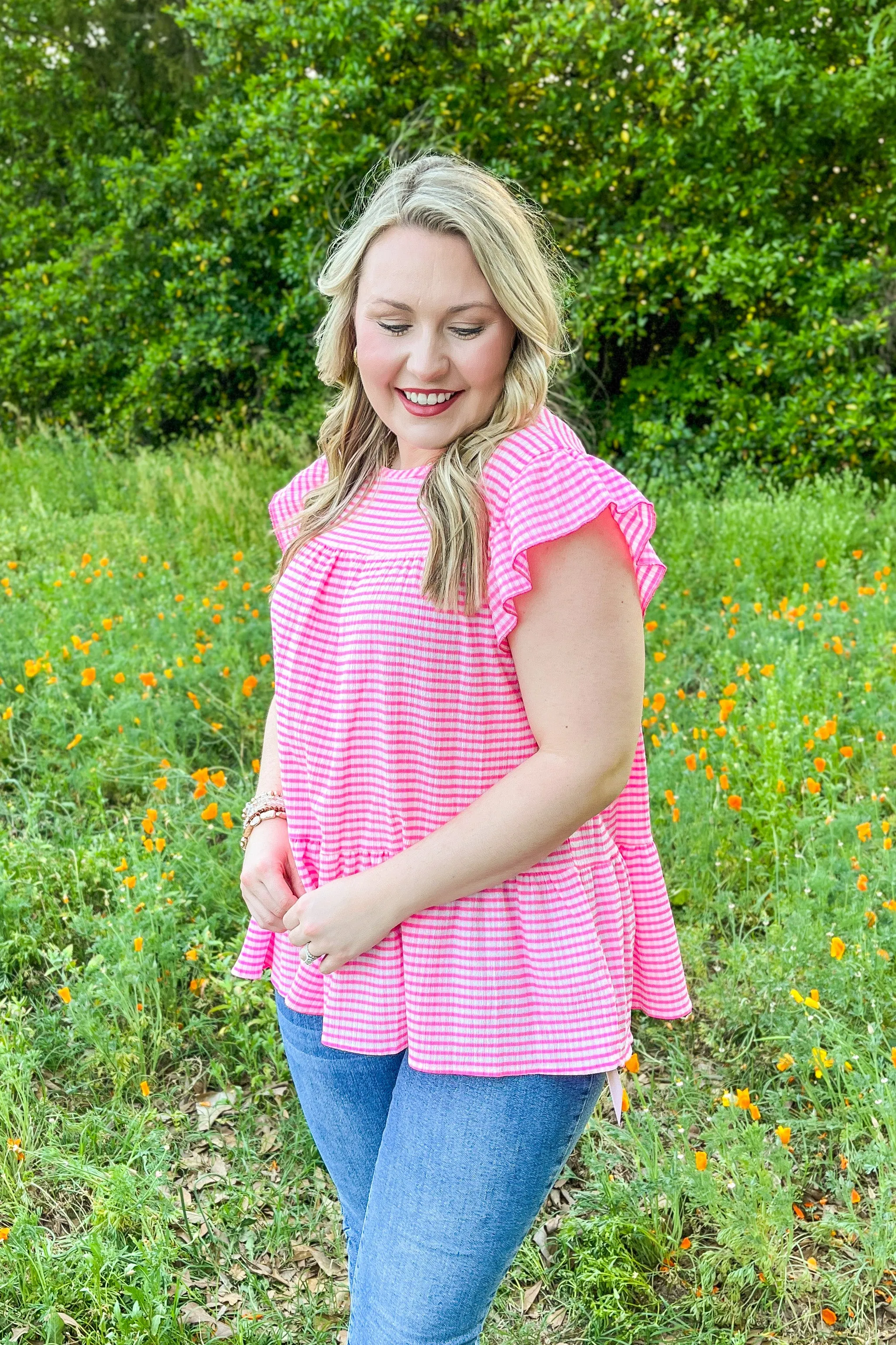 Choose Me Love Me Stripe Top, Bright Pink/White