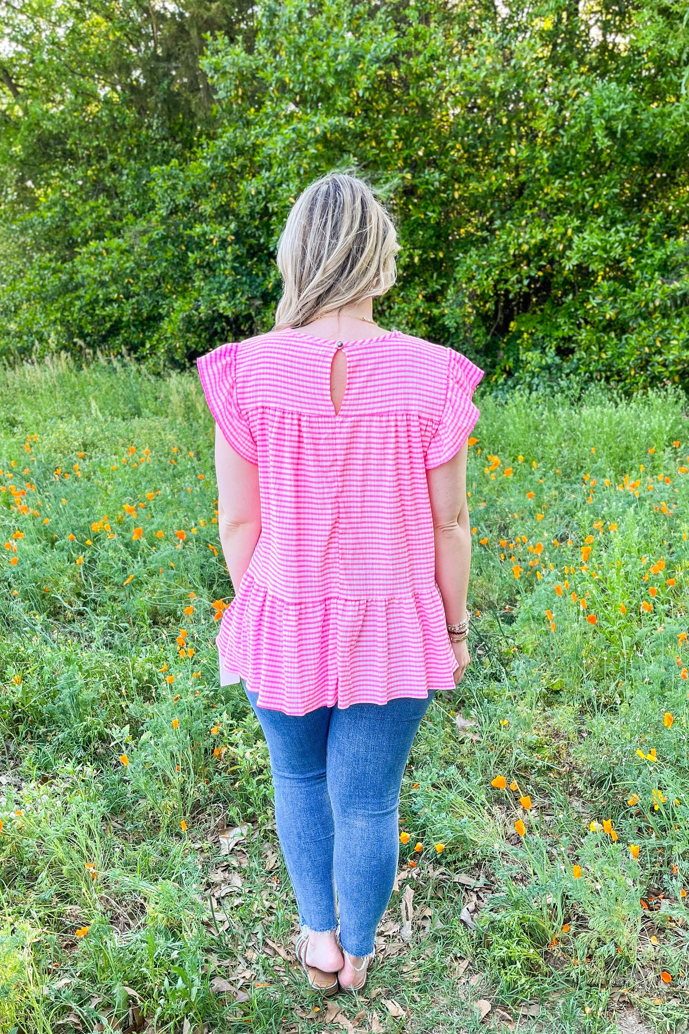 Choose Me Love Me Stripe Top, Bright Pink/White