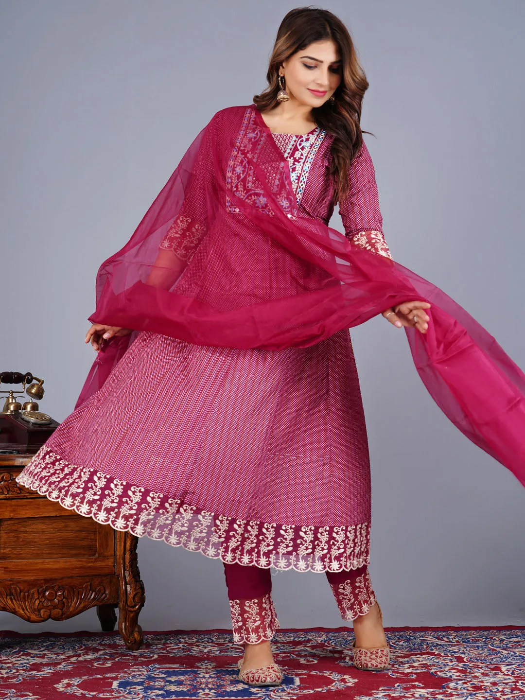 Cotton Anarkali Embroidered Suit Set With Lace