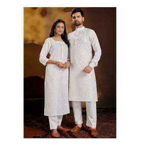 Cotton White Couple Wear Same Matching Outfits Set