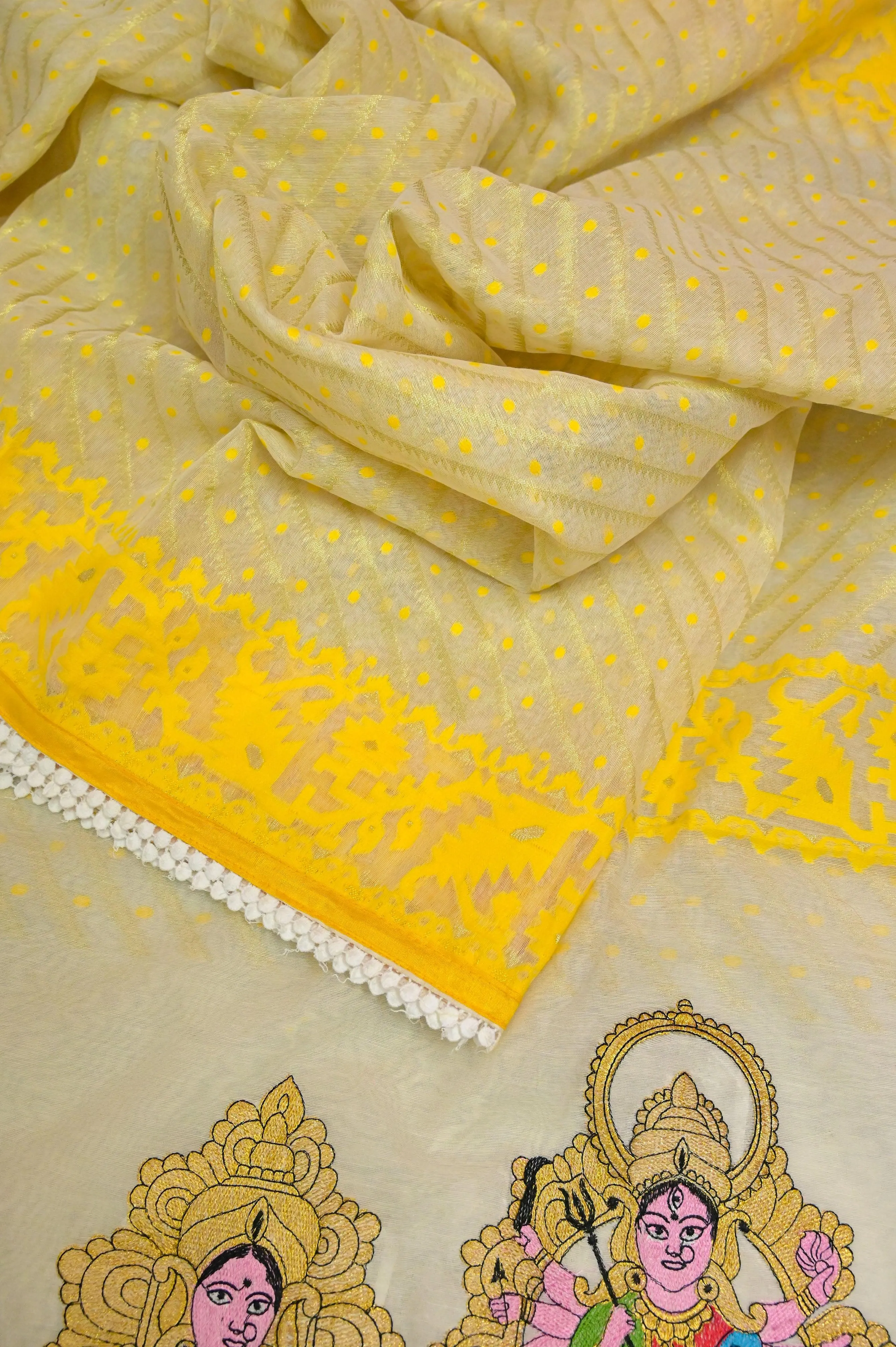 Cream and Yellow Color Durga Jamdani with Embroidery and Lace Border