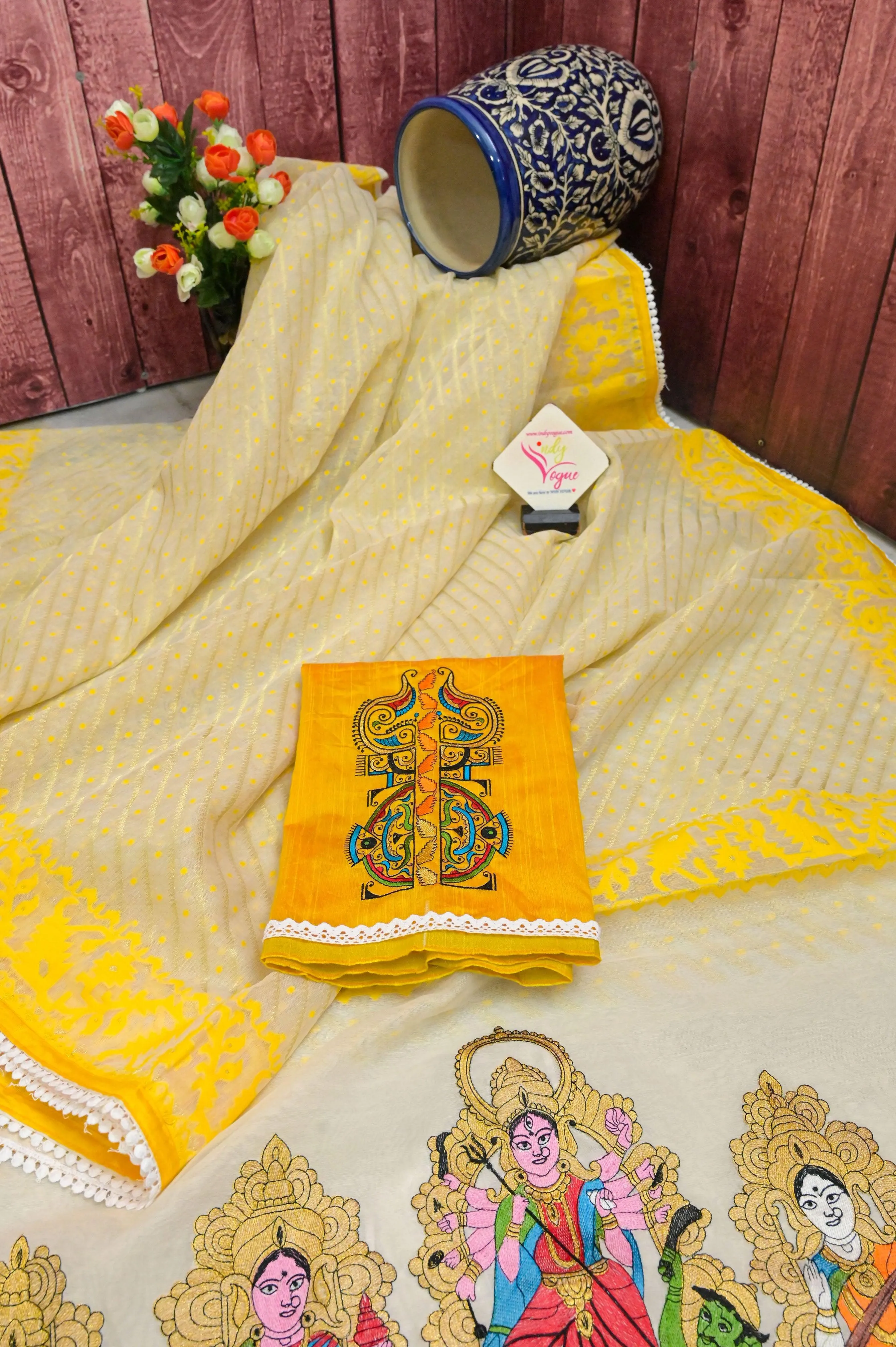 Cream and Yellow Color Durga Jamdani with Embroidery and Lace Border