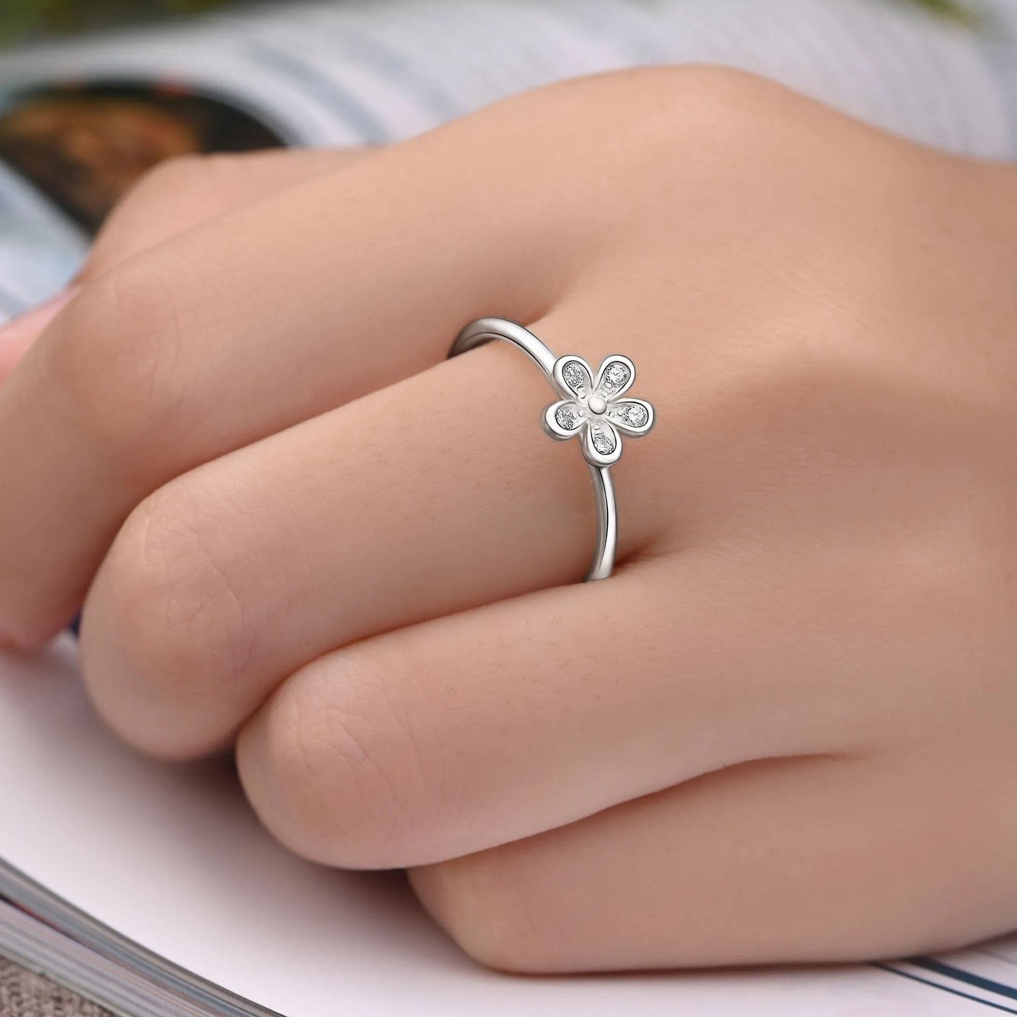 CZ Flower Sterling Silver Stackable Ring