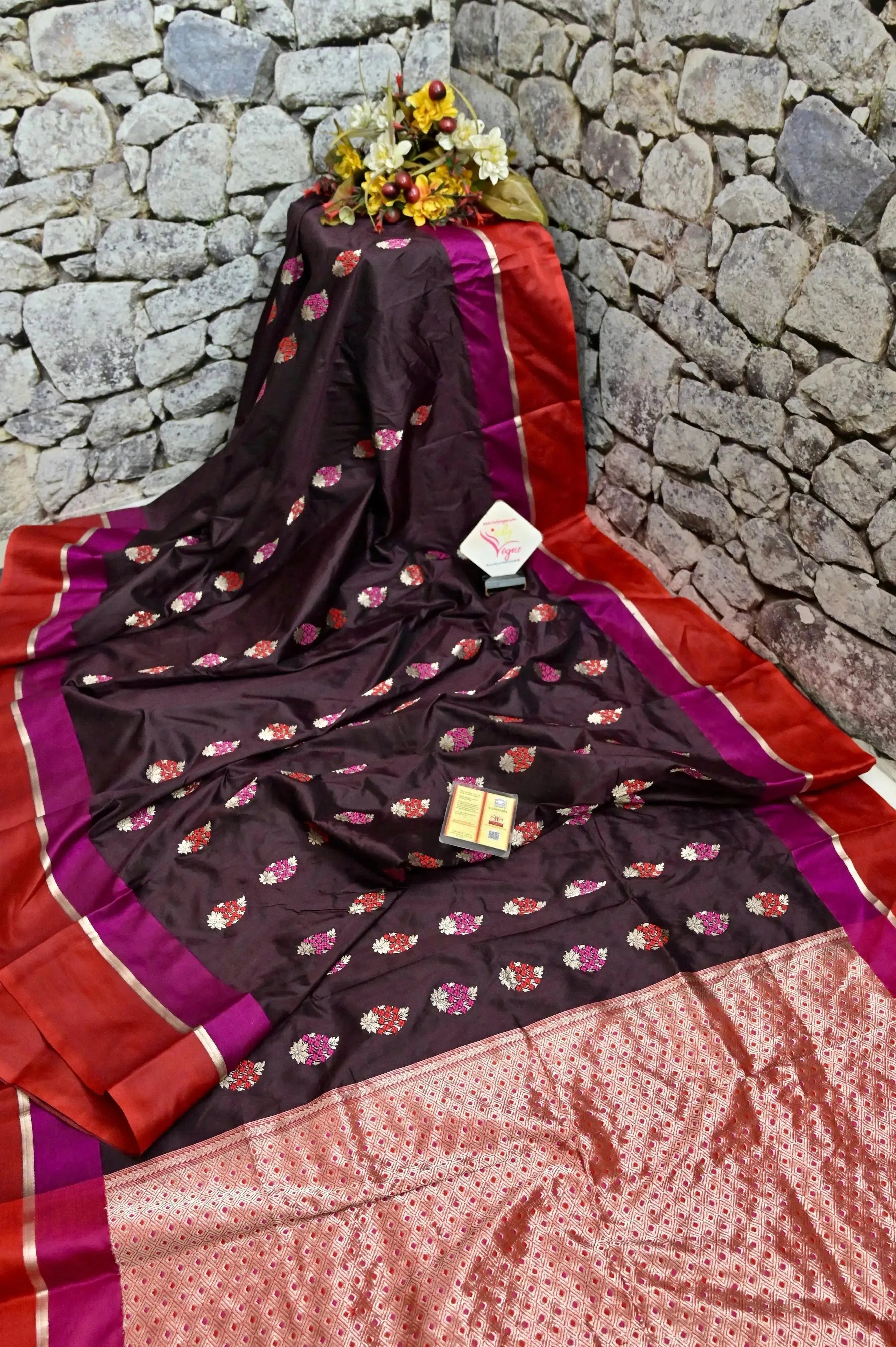 Dark Wine Color Katan Silk Banarasi Saree with Meenakari Work