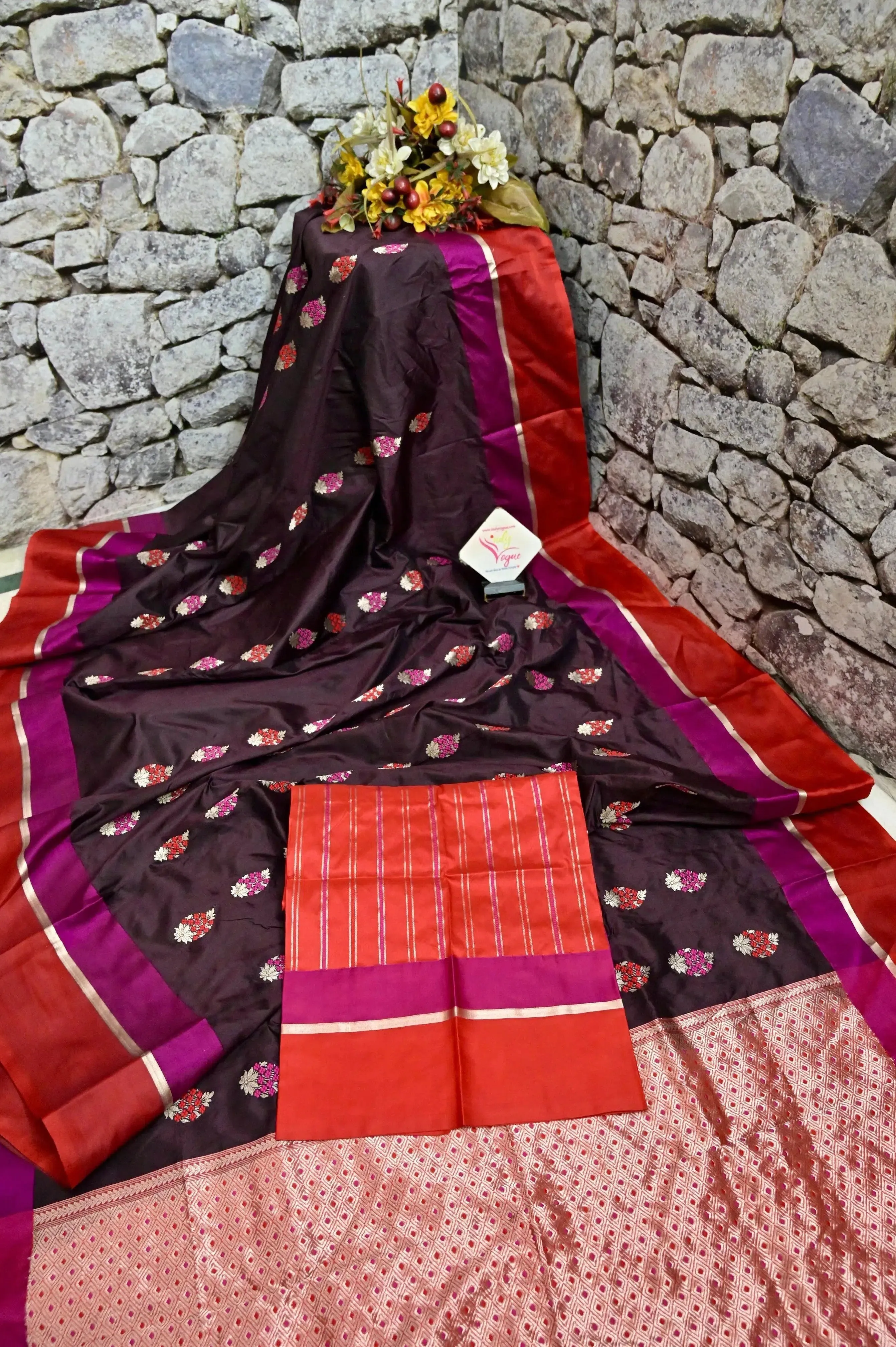 Dark Wine Color Katan Silk Banarasi Saree with Meenakari Work