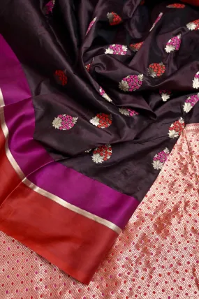 Dark Wine Color Katan Silk Banarasi Saree with Meenakari Work