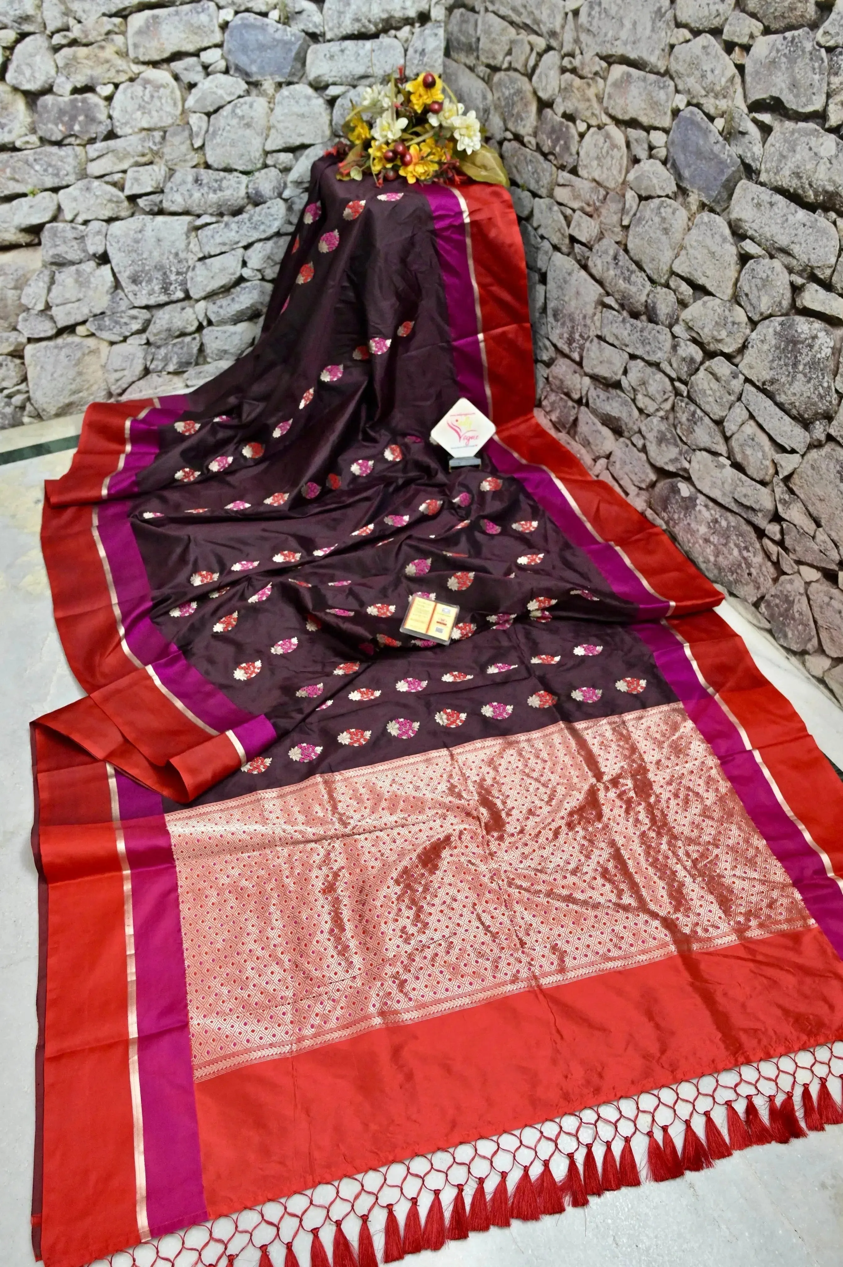 Dark Wine Color Katan Silk Banarasi Saree with Meenakari Work