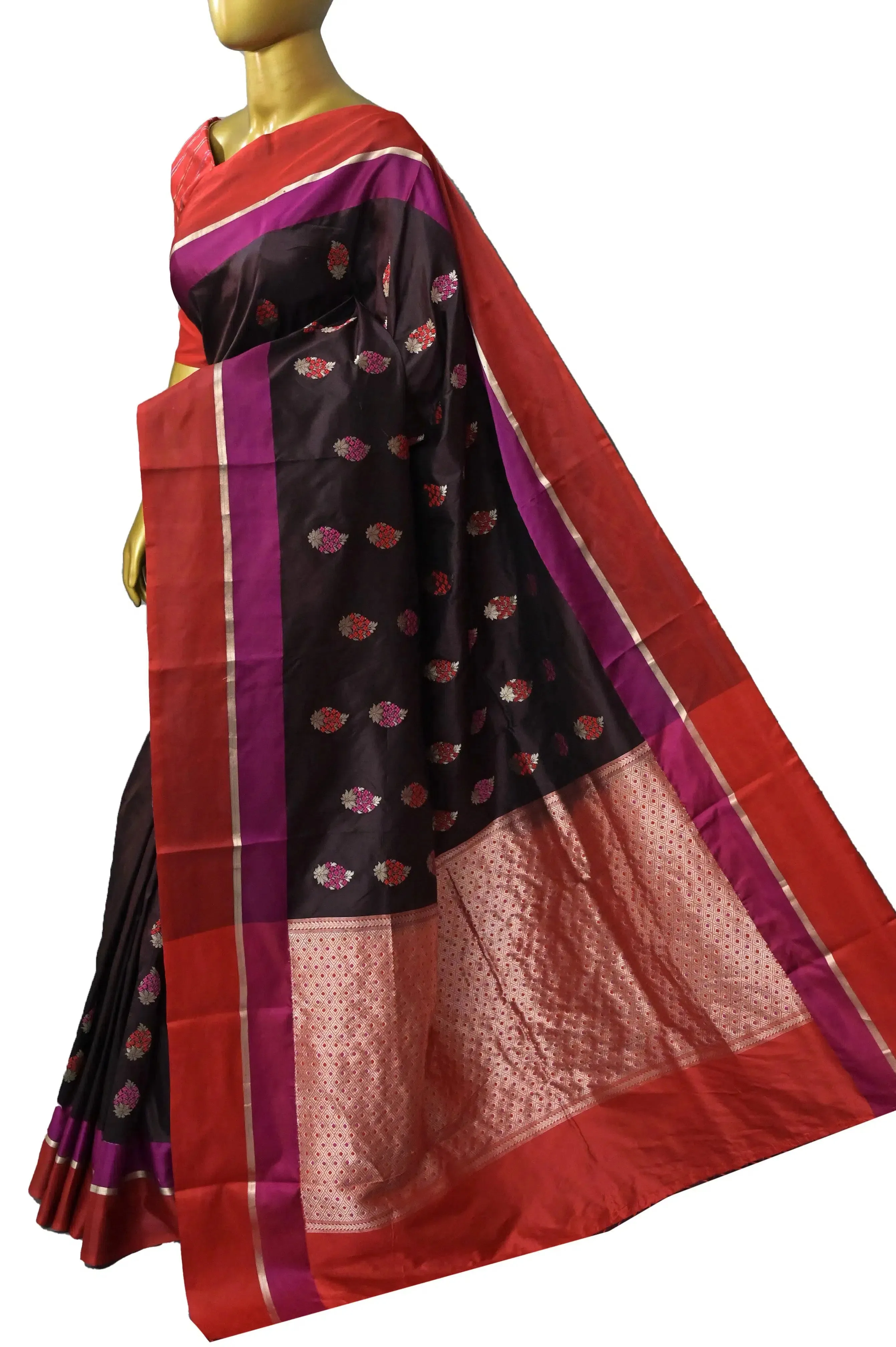 Dark Wine Color Katan Silk Banarasi Saree with Meenakari Work