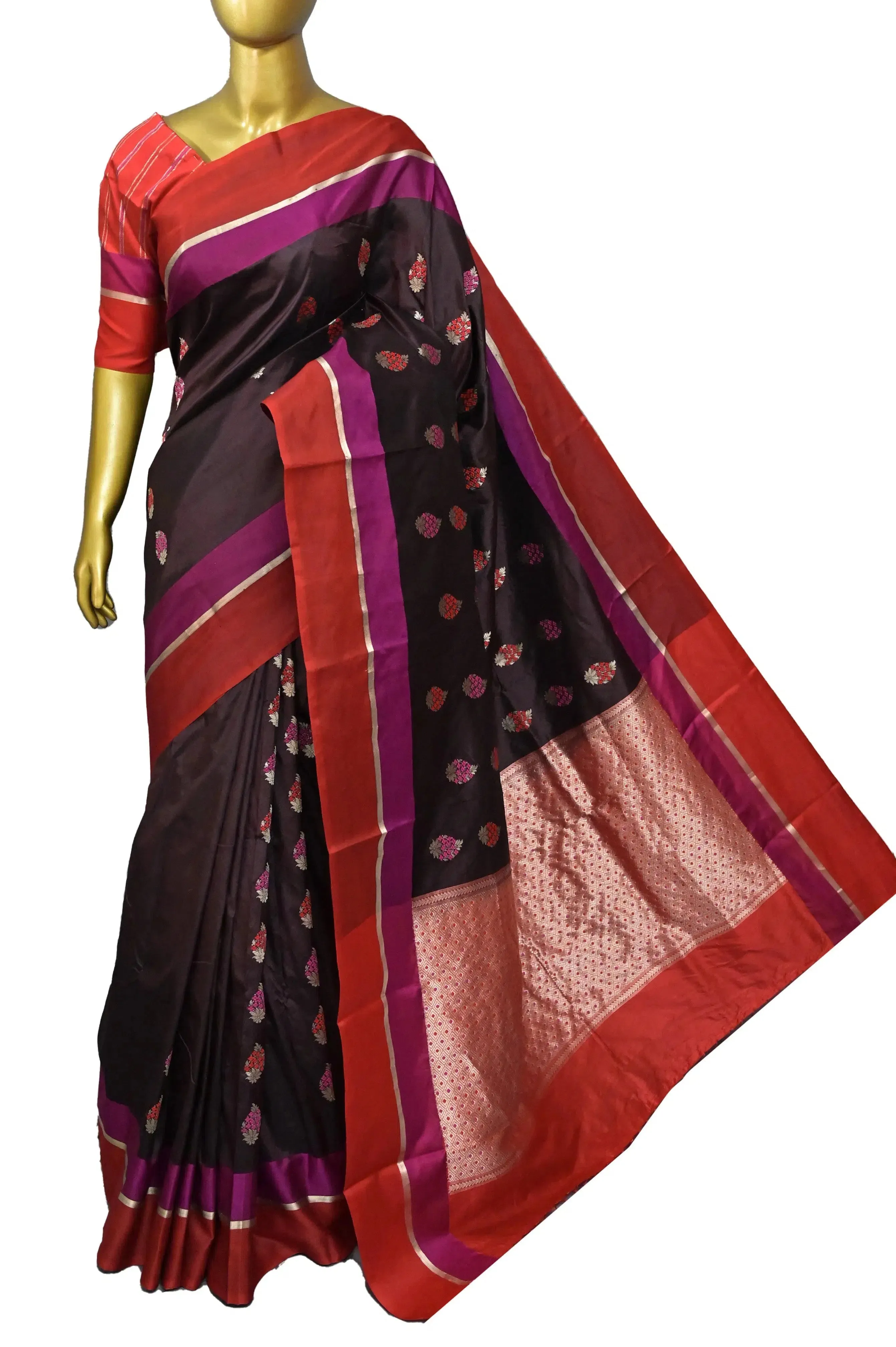 Dark Wine Color Katan Silk Banarasi Saree with Meenakari Work