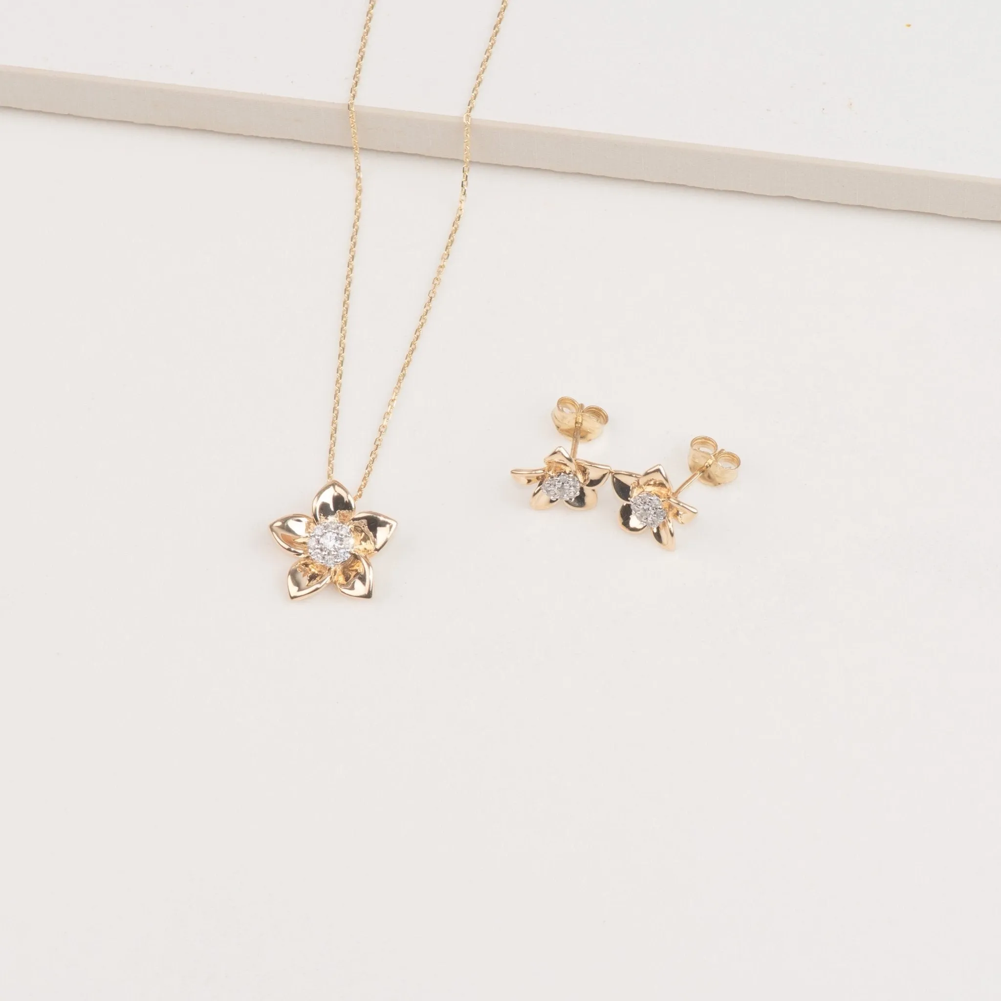 Diamond Pave Center Flower Pendant with Five Gold Petals