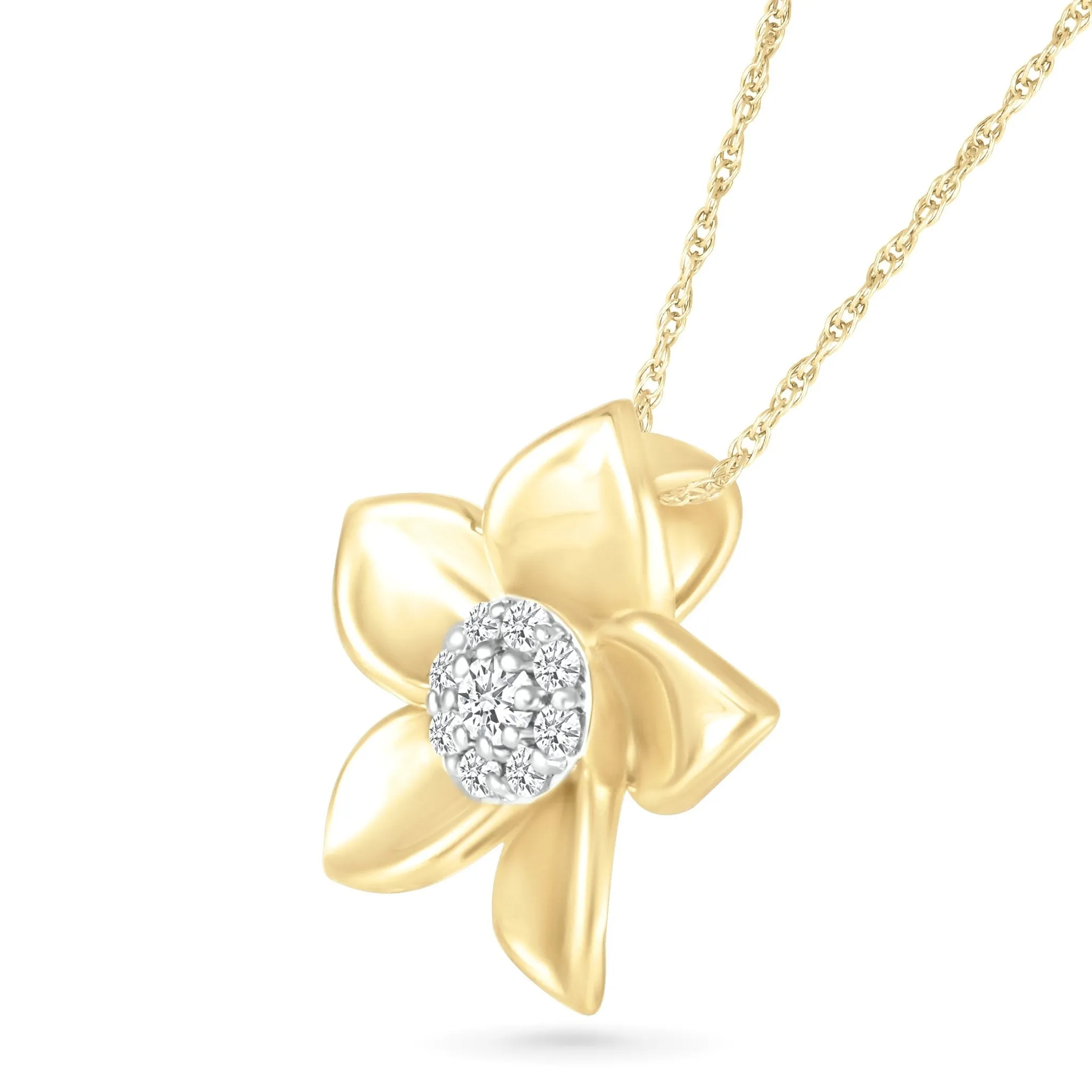 Diamond Pave Center Flower Pendant with Five Gold Petals