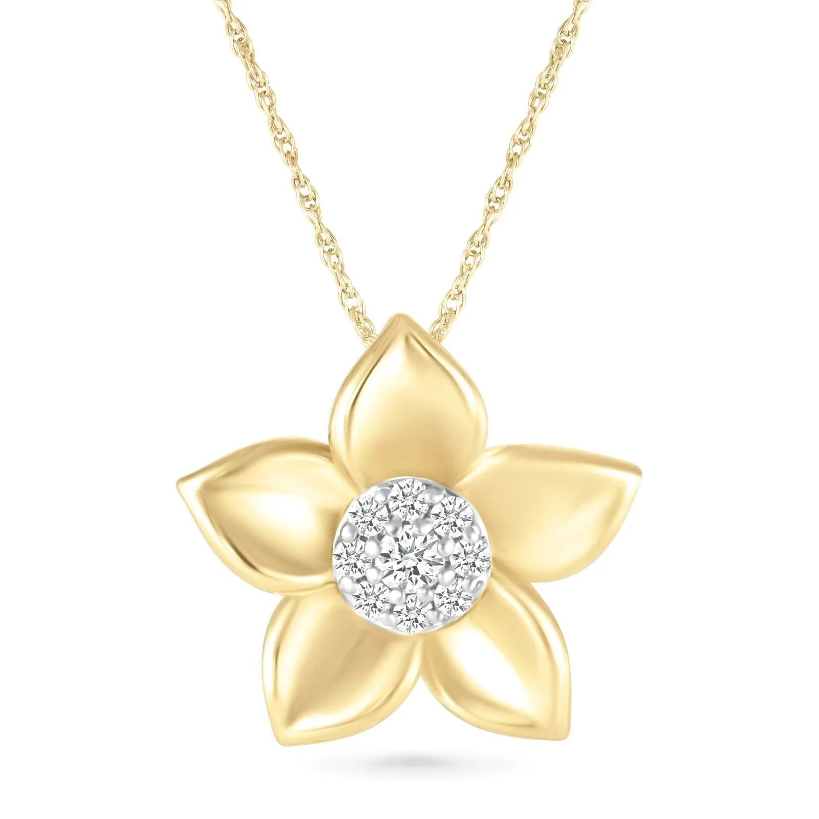 Diamond Pave Center Flower Pendant with Five Gold Petals