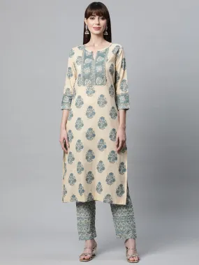 Divena Beige Cotton Straight Kurta Pant Set