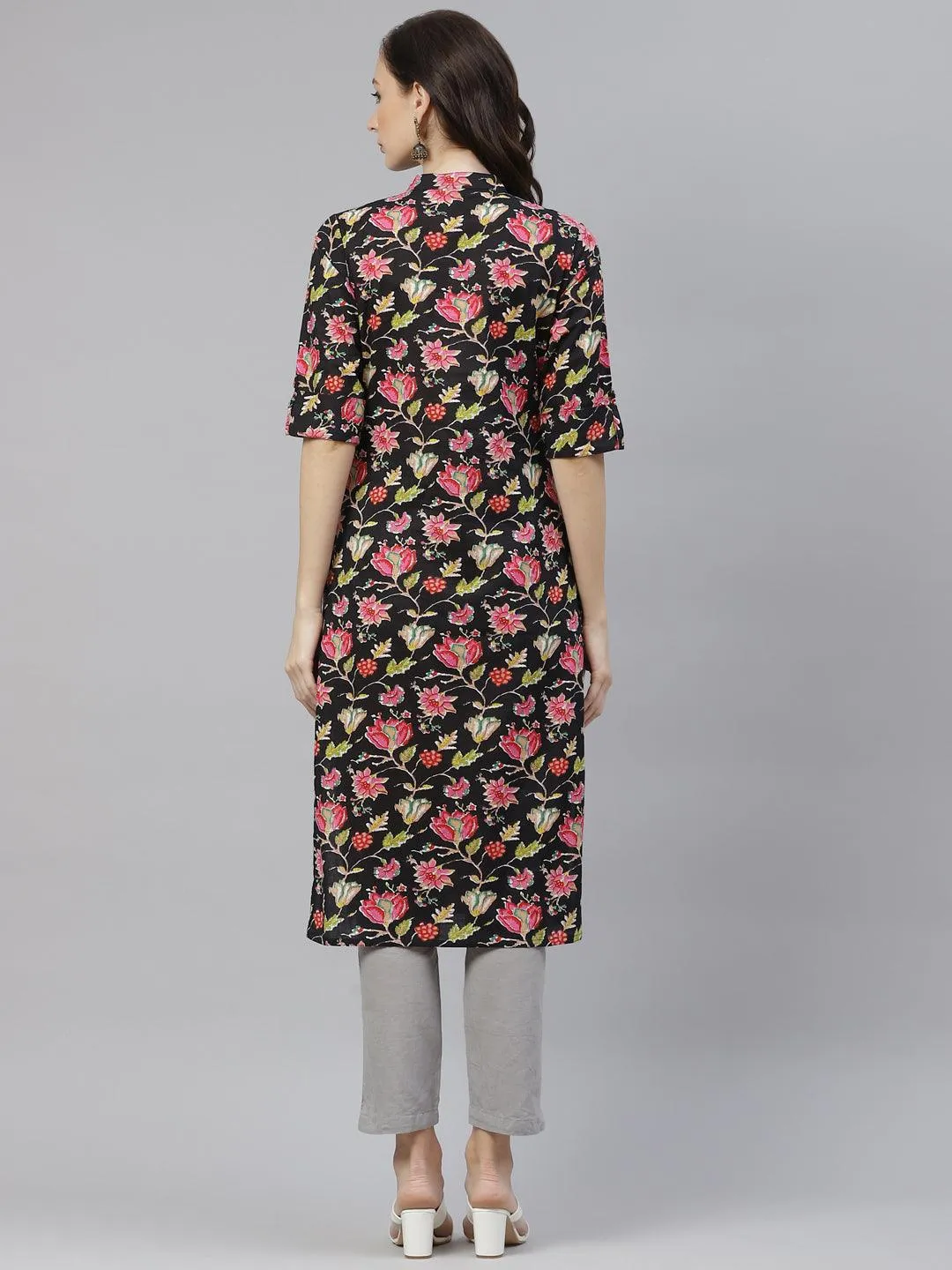 Divena Black Floral Cotton Straight Kurti