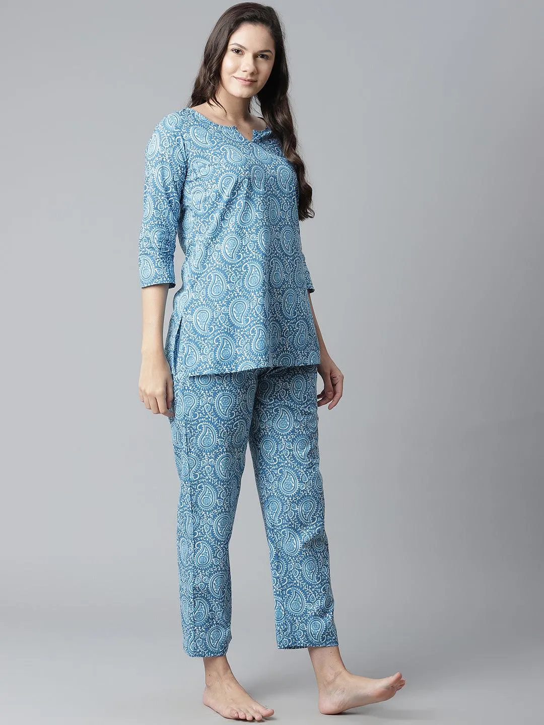 Divena  Blue Printed Cotton Nightwear