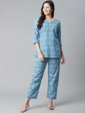 Divena  Blue Printed Cotton Nightwear