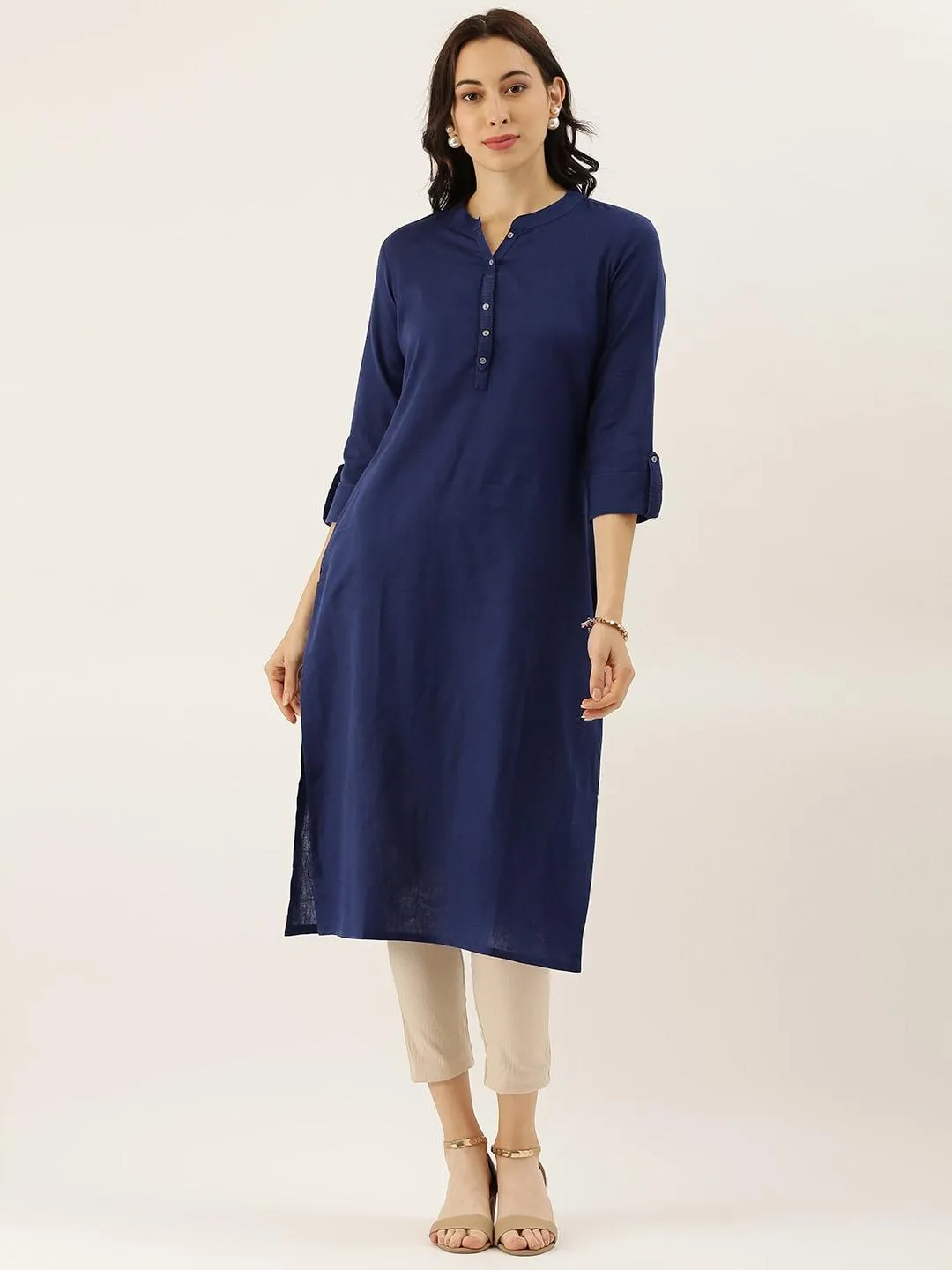 Divena Blue Solid Straight Roll up Sleeve Kurti