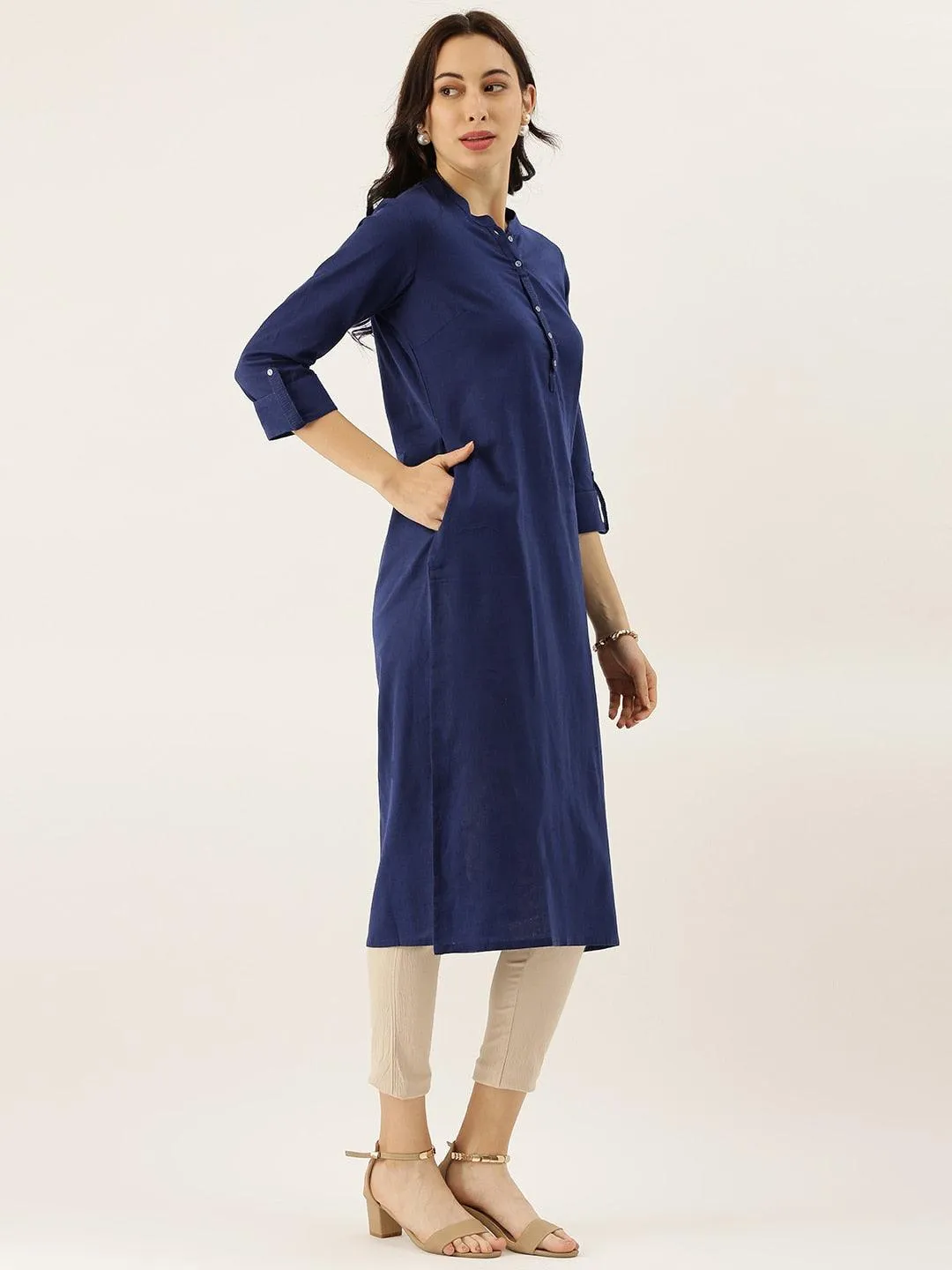 Divena Blue Solid Straight Roll up Sleeve Kurti