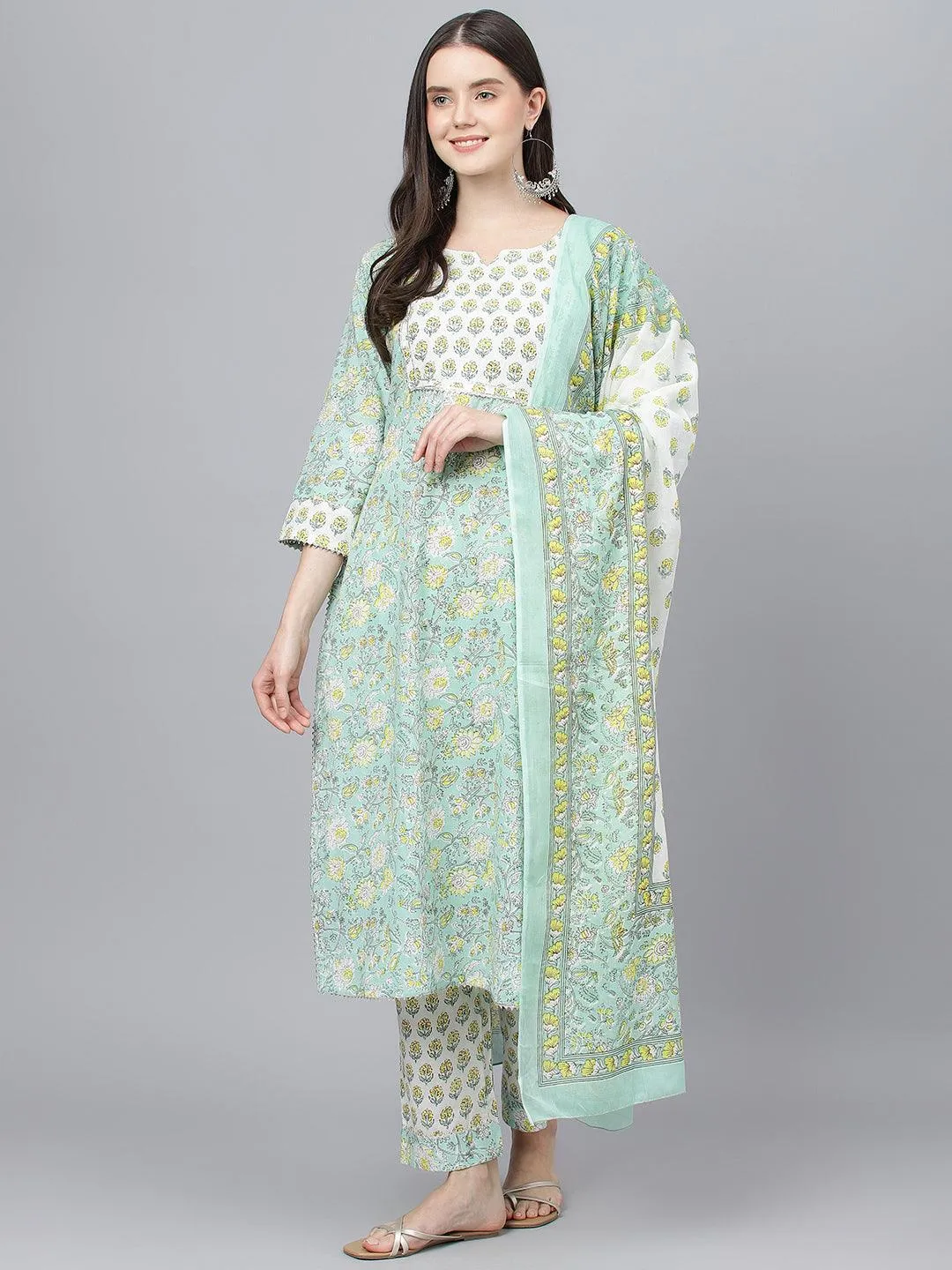 Divena Mint Green Floral Printed Kurta Pant set With Dupatta