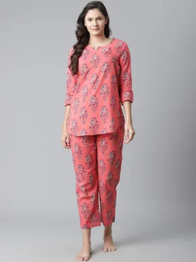 Divena  Peach Cotton Printed Nightsuit