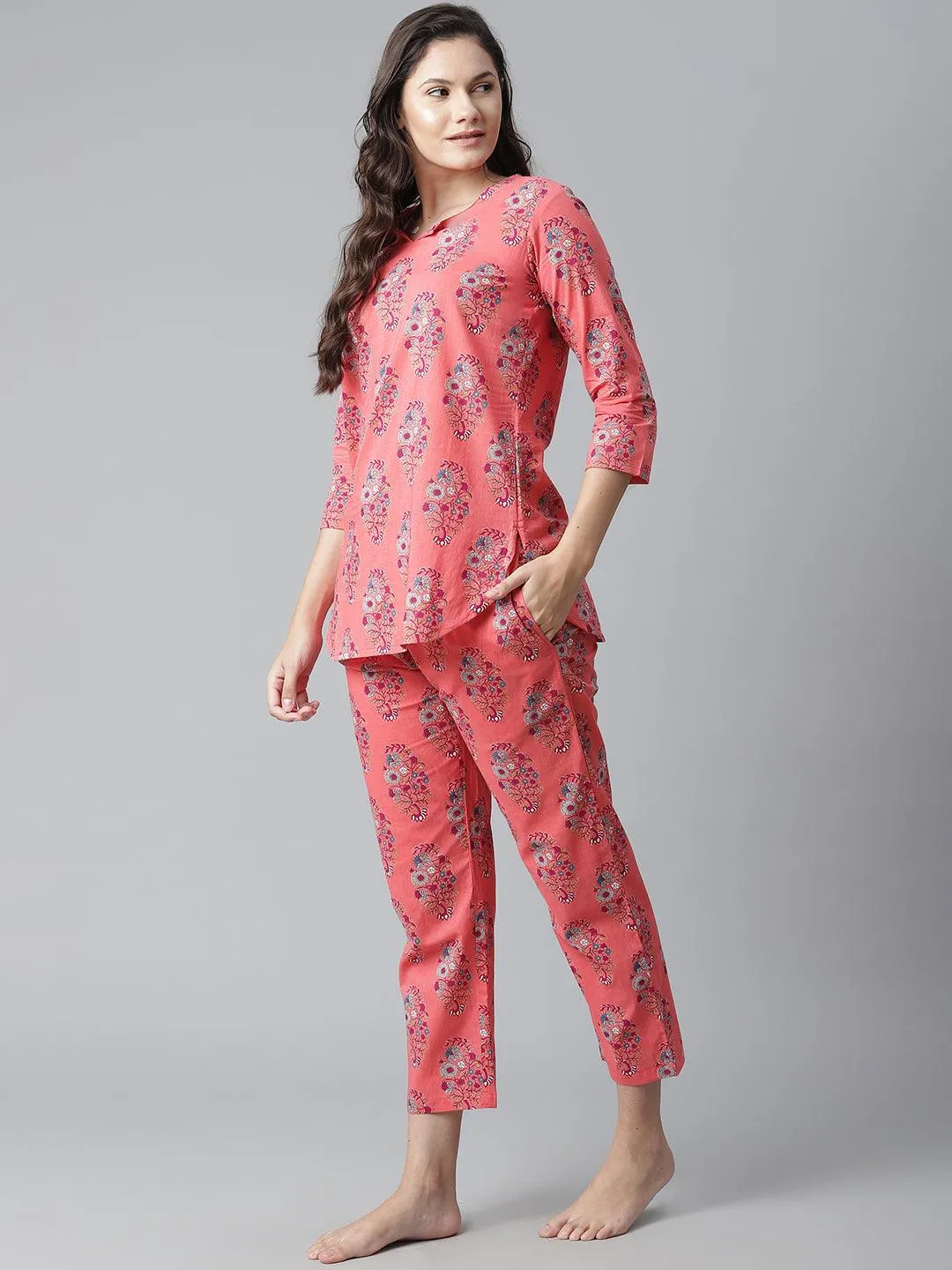 Divena  Peach Cotton Printed Nightsuit