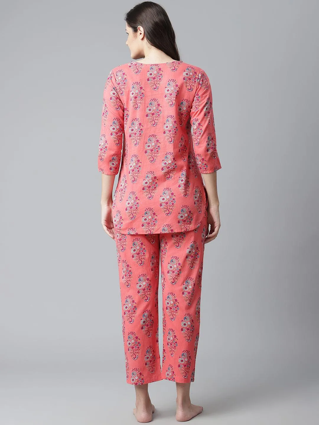 Divena  Peach Cotton Printed Nightsuit