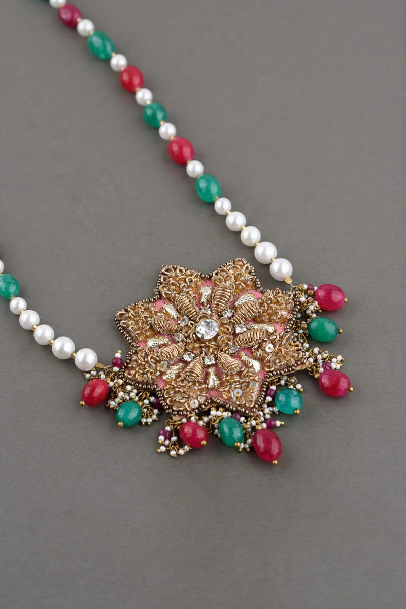 Embroidered centre flower with bead string