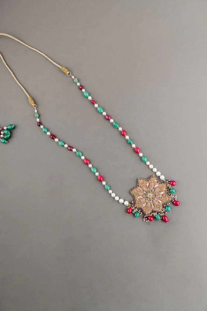 Embroidered centre flower with bead string