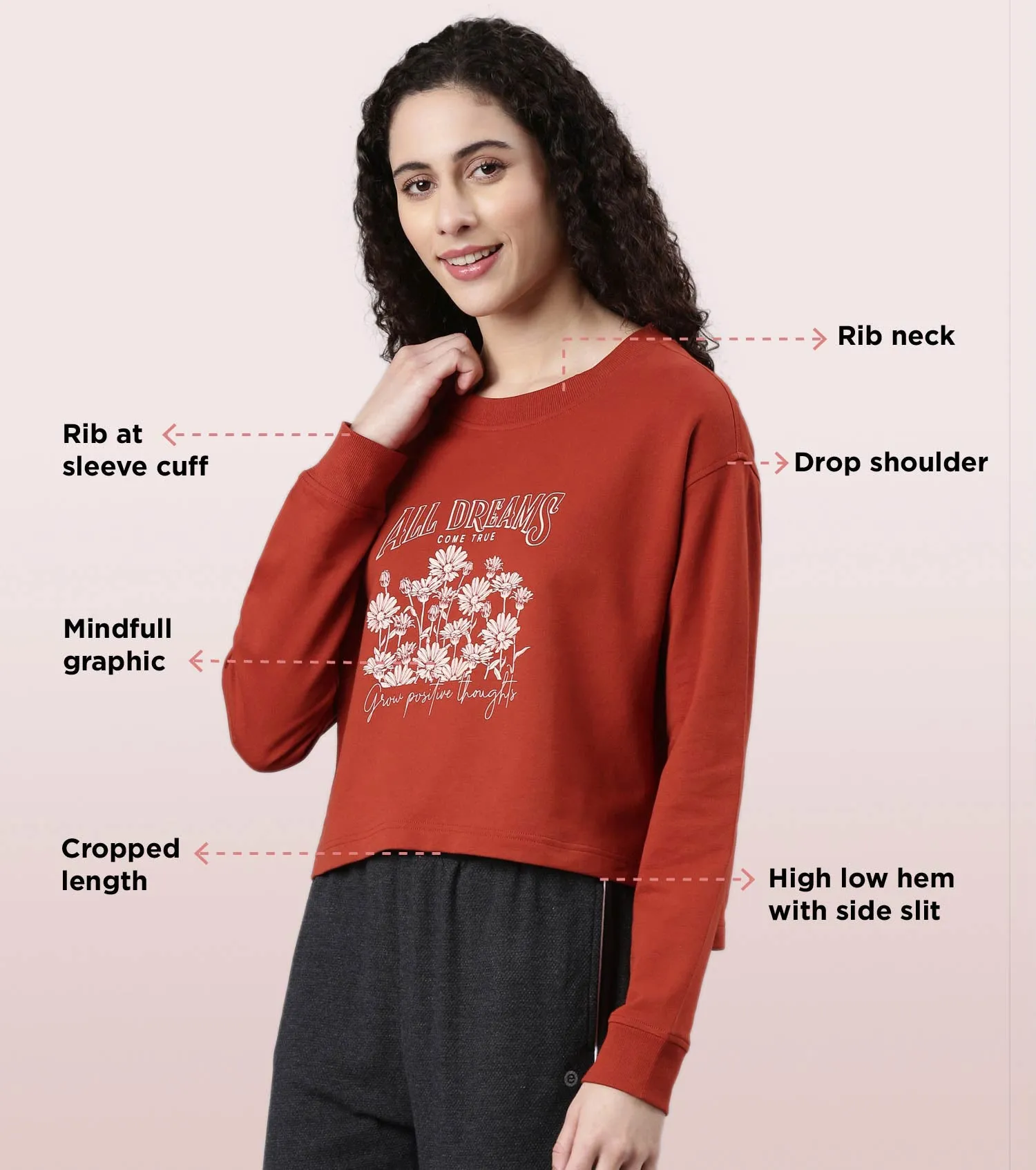 Enamor Drop Shoulder Sweat For Women | Cotton Terry Graphic Sweatshirt | E9G2