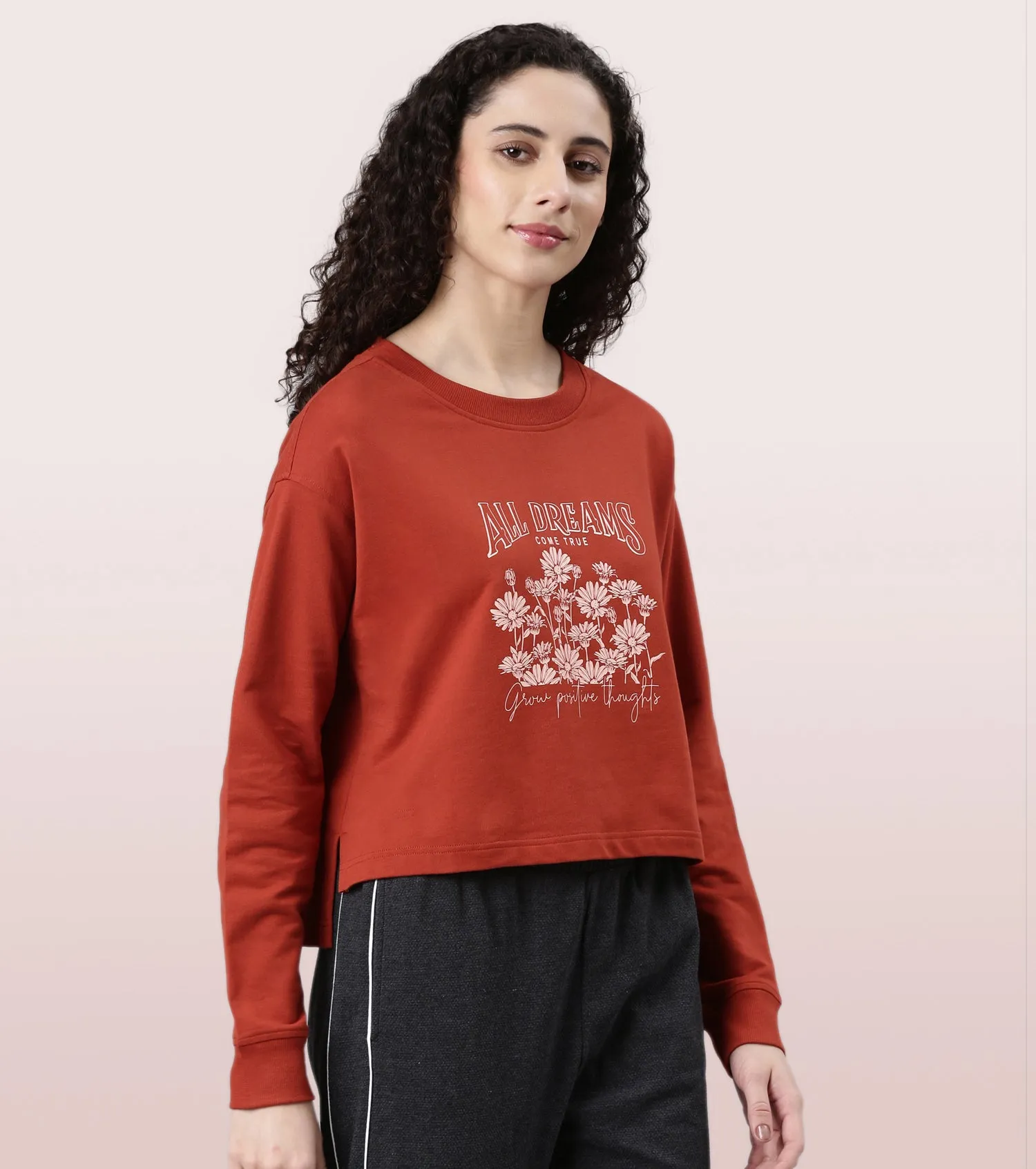 Enamor Drop Shoulder Sweat For Women | Cotton Terry Graphic Sweatshirt | E9G2