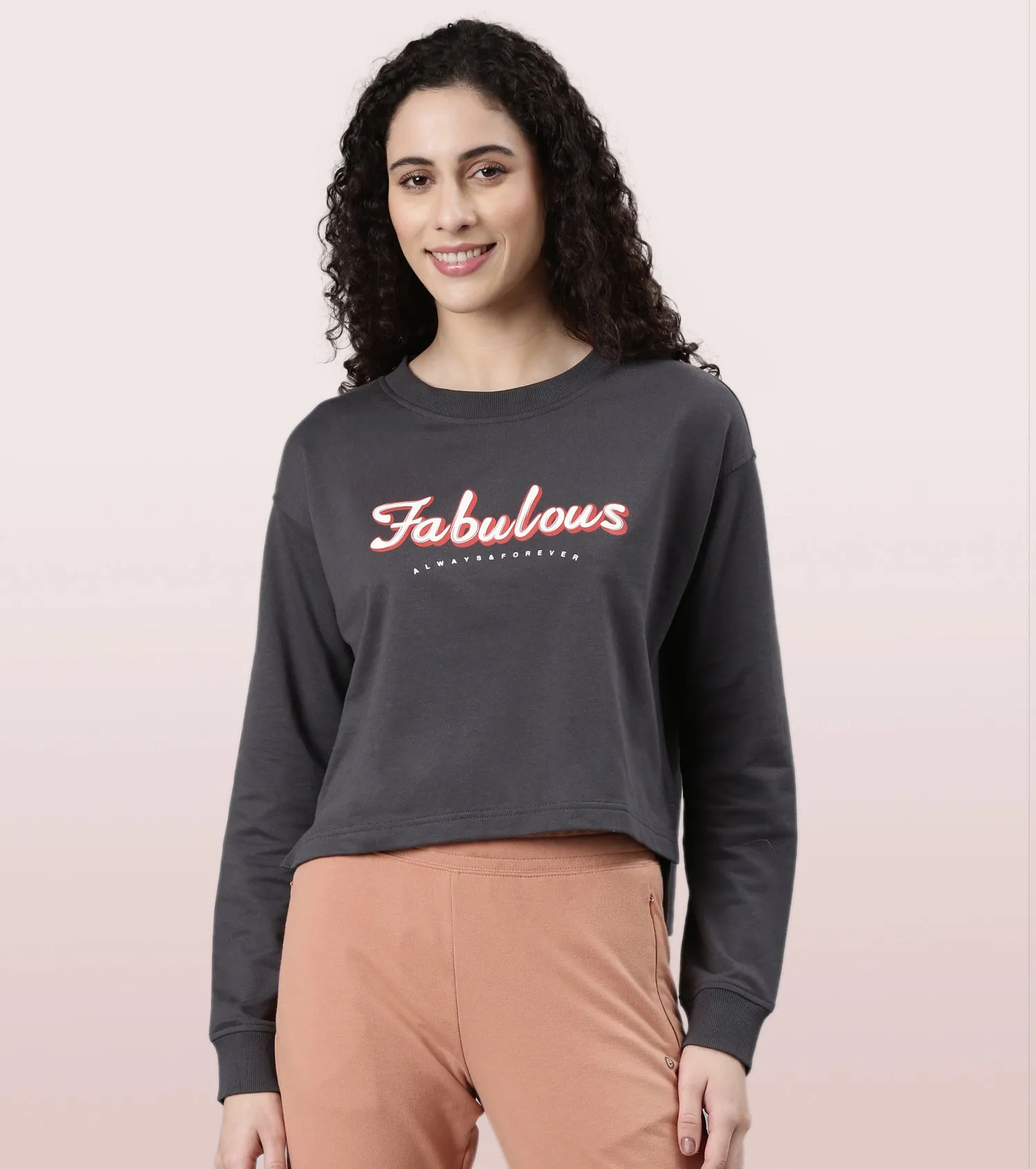 Enamor Drop Shoulder Sweat For Women | Cotton Terry Graphic Sweatshirt | E9G2