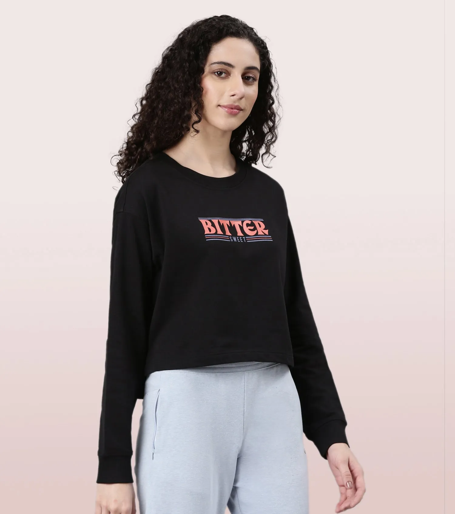 Enamor Drop Shoulder Sweat For Women | Cotton Terry Graphic Sweatshirt | E9G2