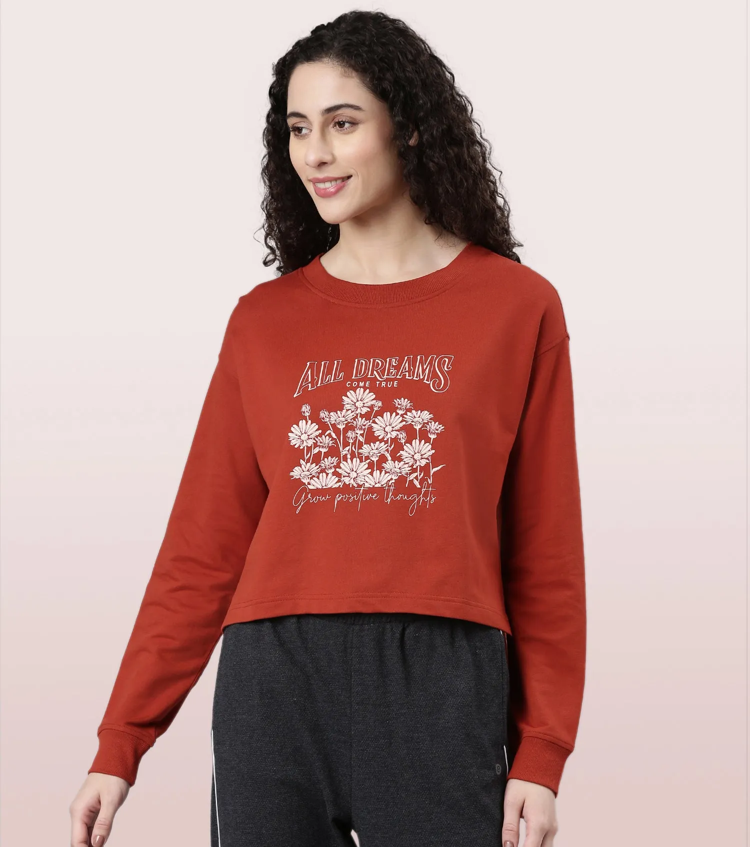 Enamor Drop Shoulder Sweat For Women | Cotton Terry Graphic Sweatshirt | E9G2