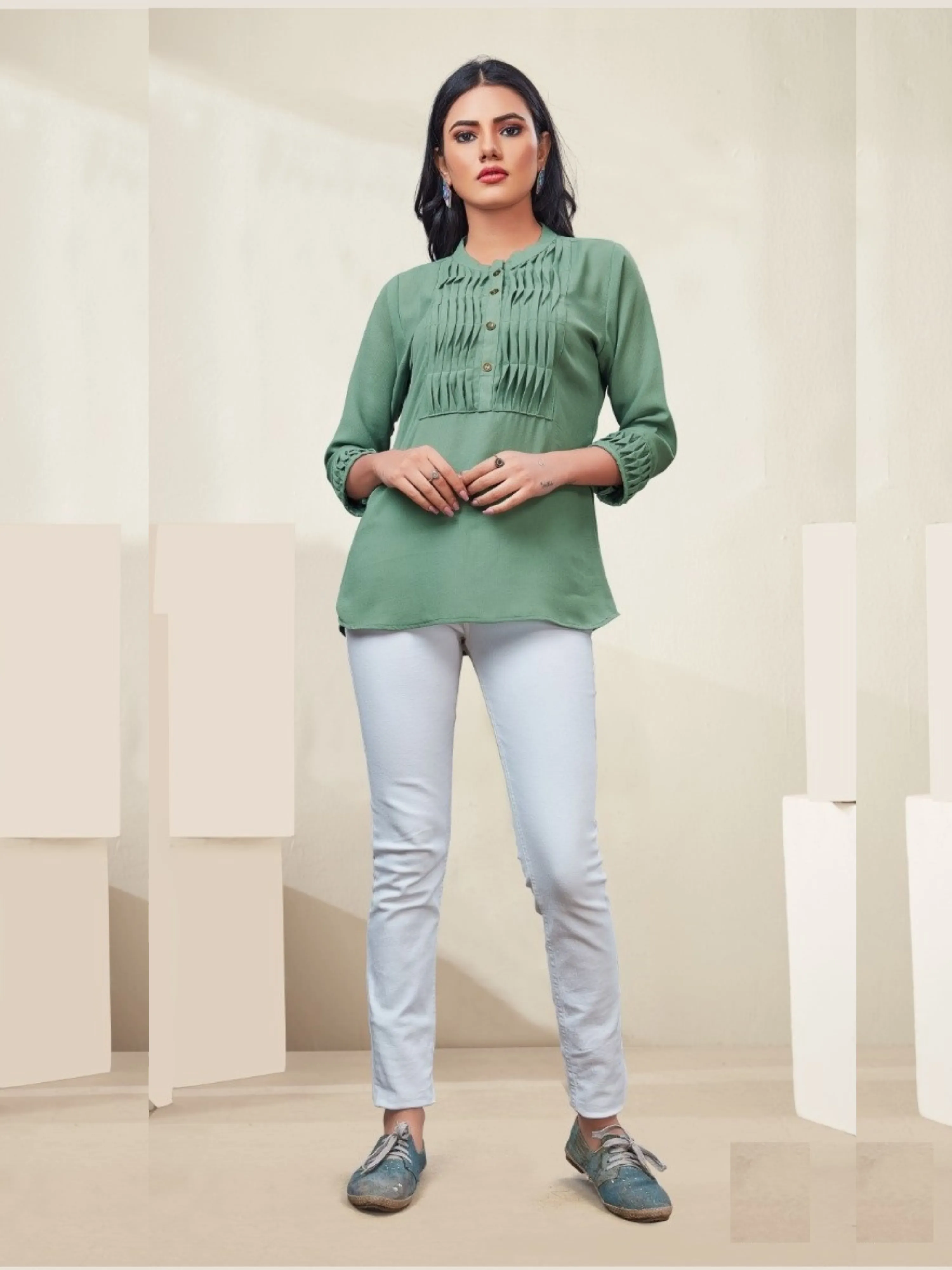 Fashionable Green Color Round Neck Pin Tuck Women Top