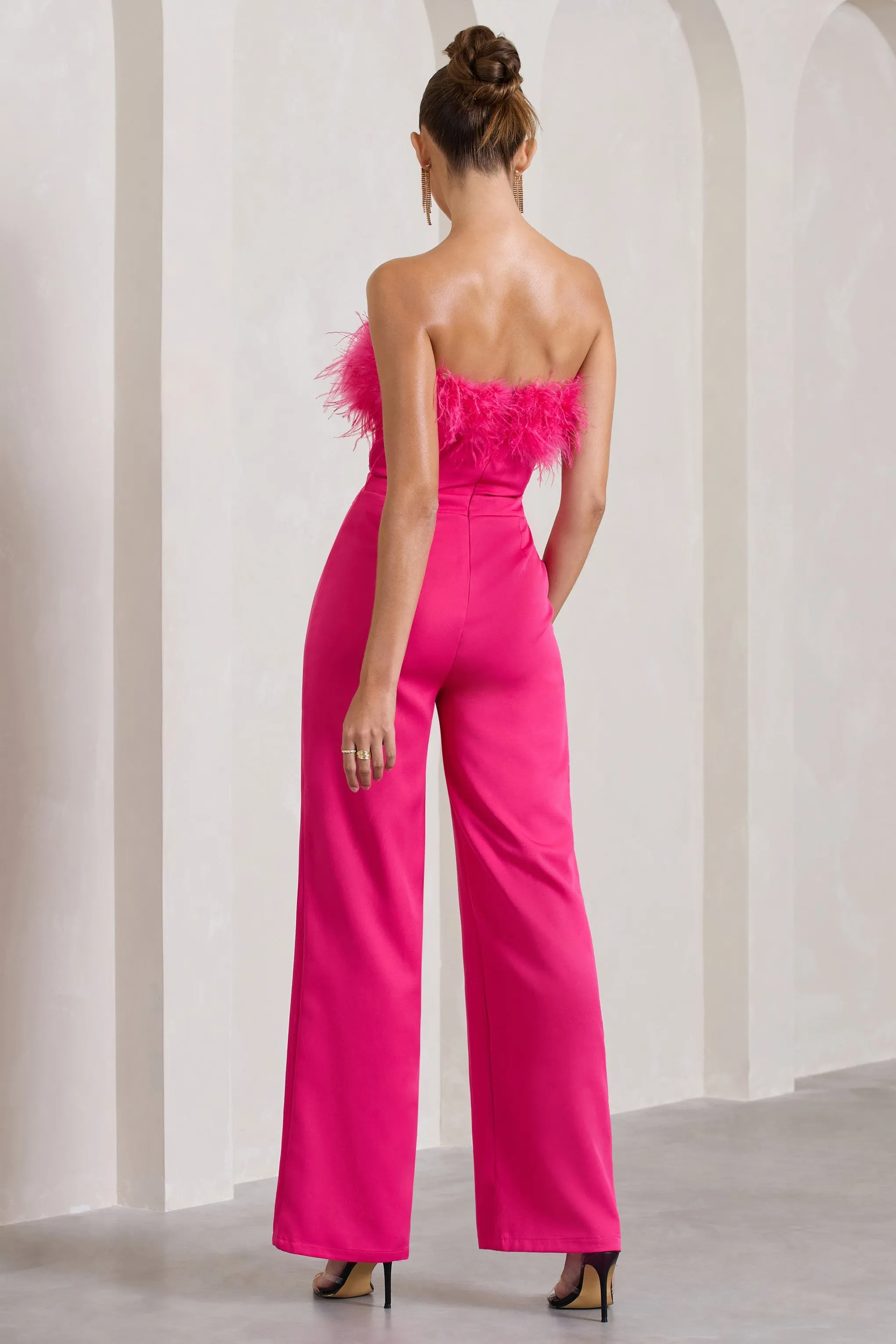 First Class | Hot Pink Bandeau Feather Wide Leg Jumpsuit