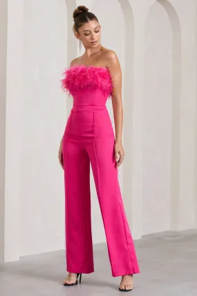 First Class | Hot Pink Bandeau Feather Wide Leg Jumpsuit