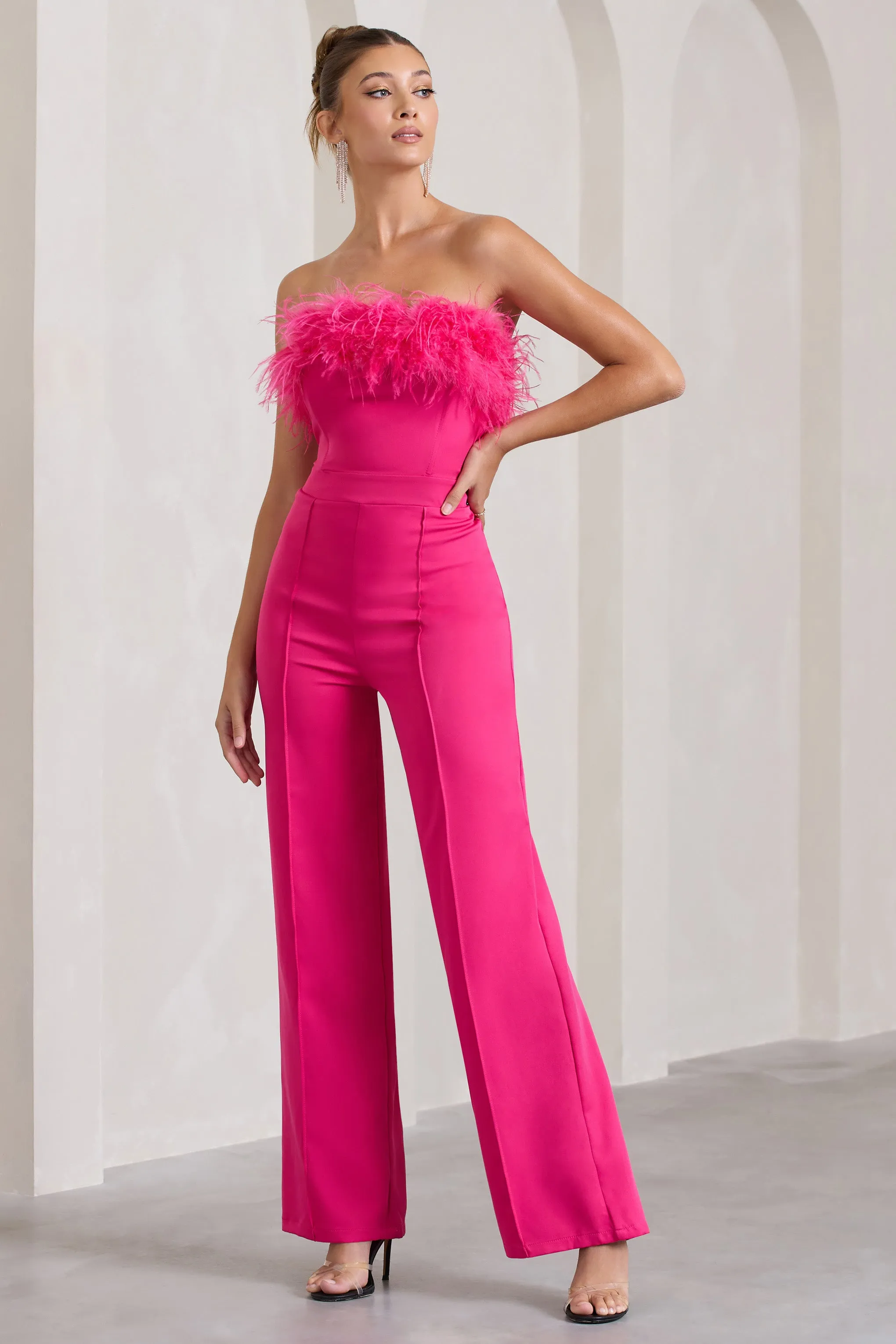 First Class | Hot Pink Bandeau Feather Wide Leg Jumpsuit