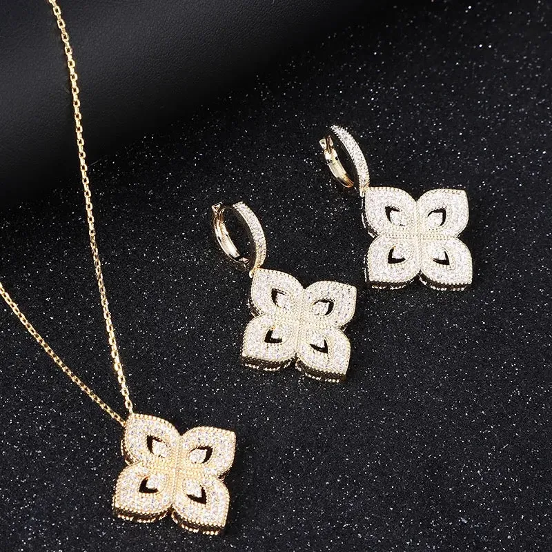 Flower Pendant Necklace Earring Set For Women