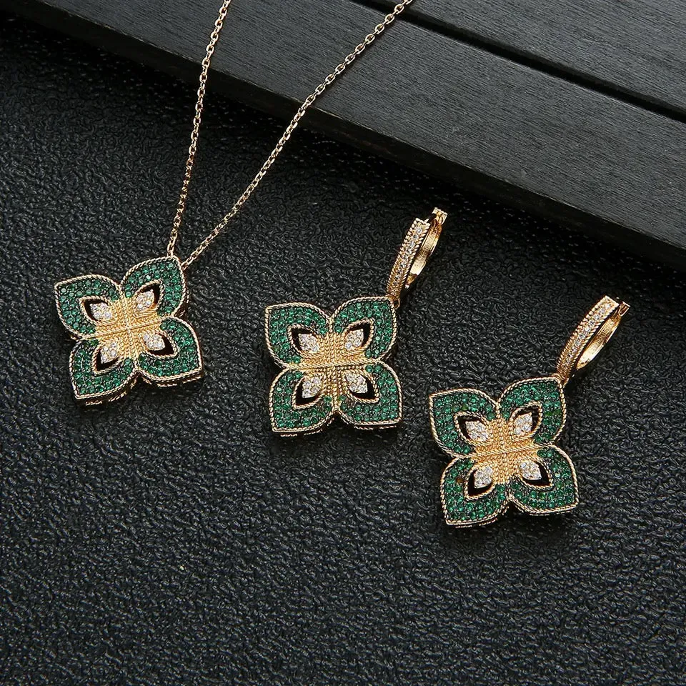 Flower Pendant Necklace Earring Set For Women