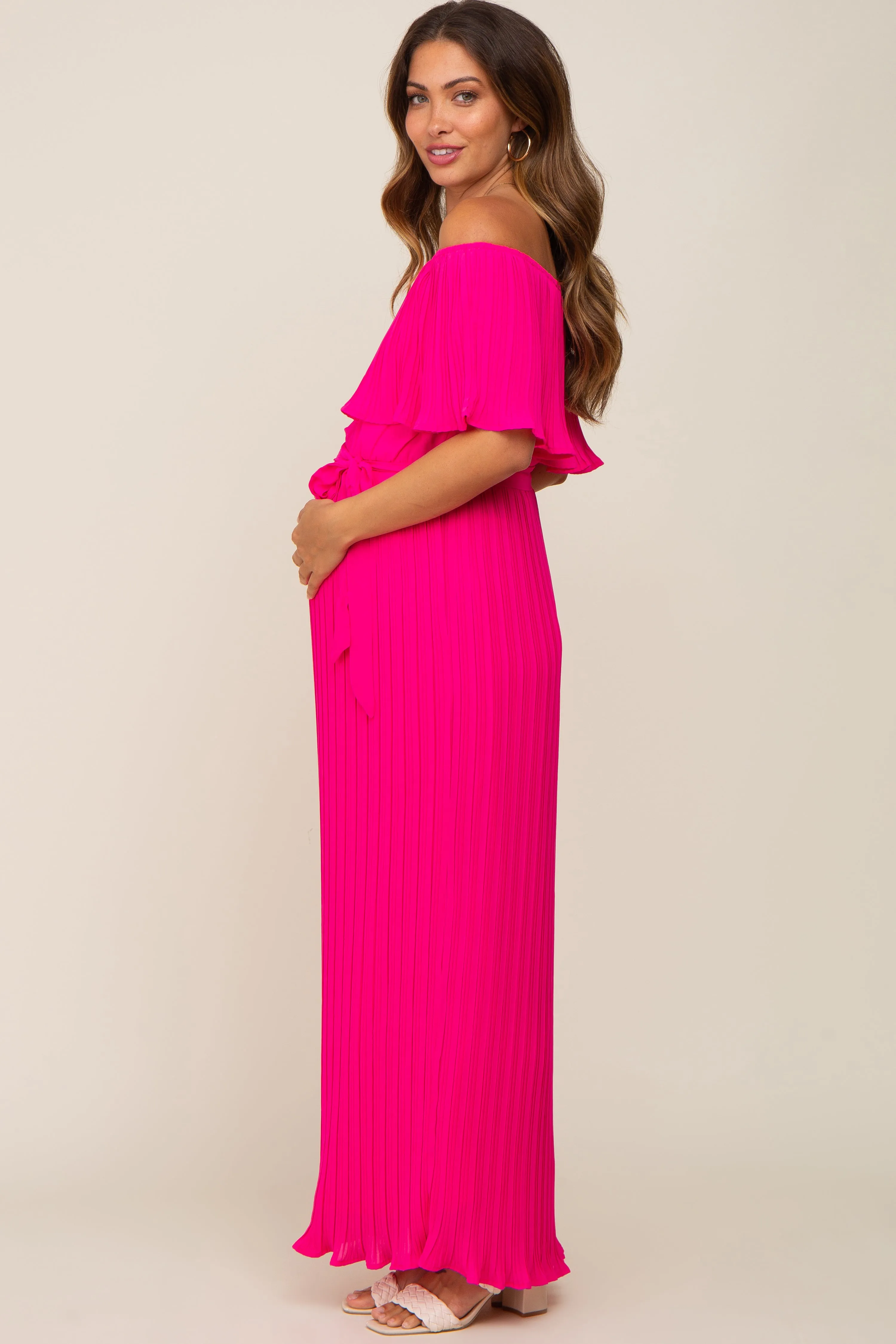 Fuchsia Pleated Off Shoulder Maternity Maxi Dress