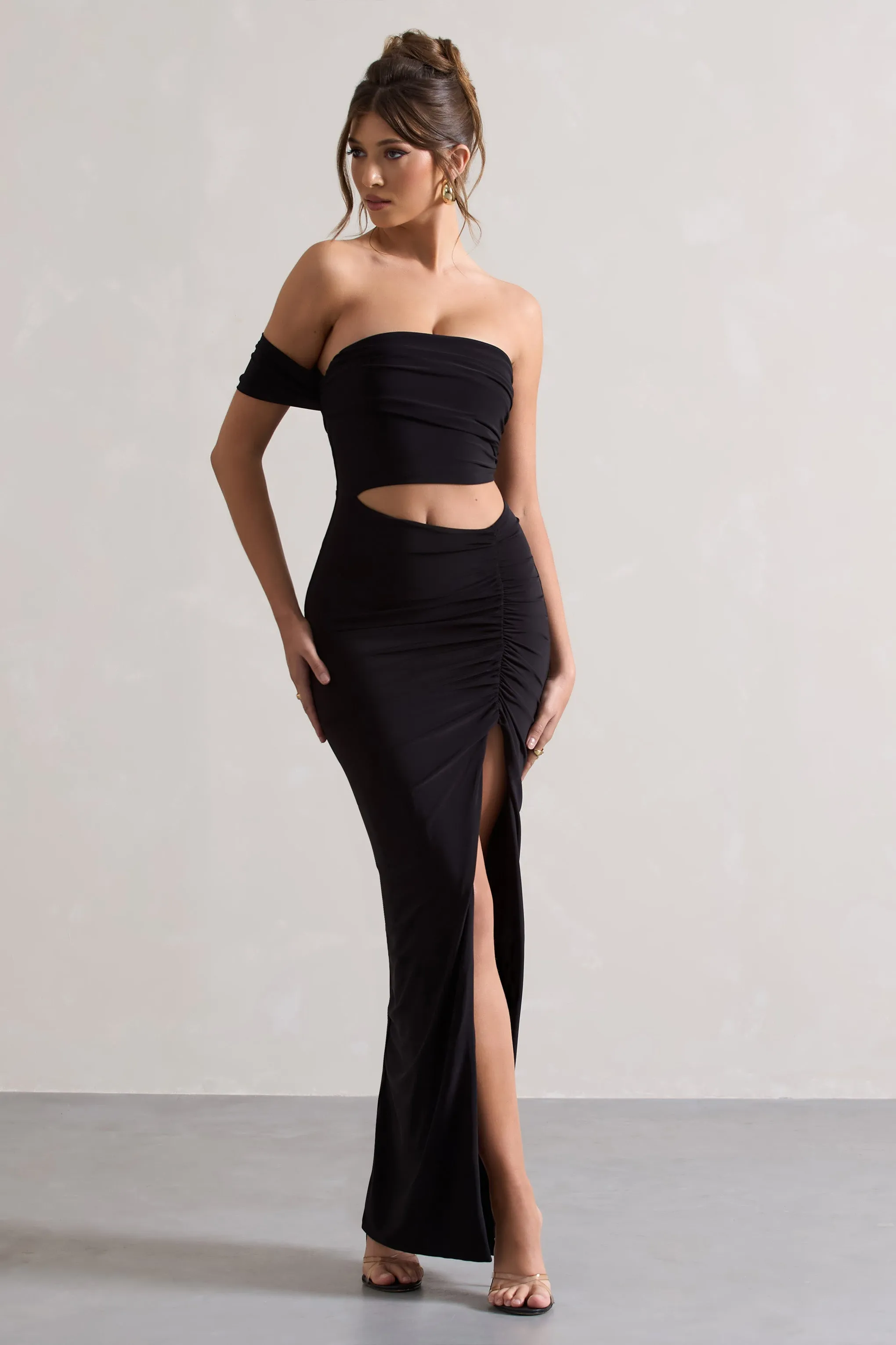 Gilded | Black One-Sleeved Cut-Out Split Maxi Dress