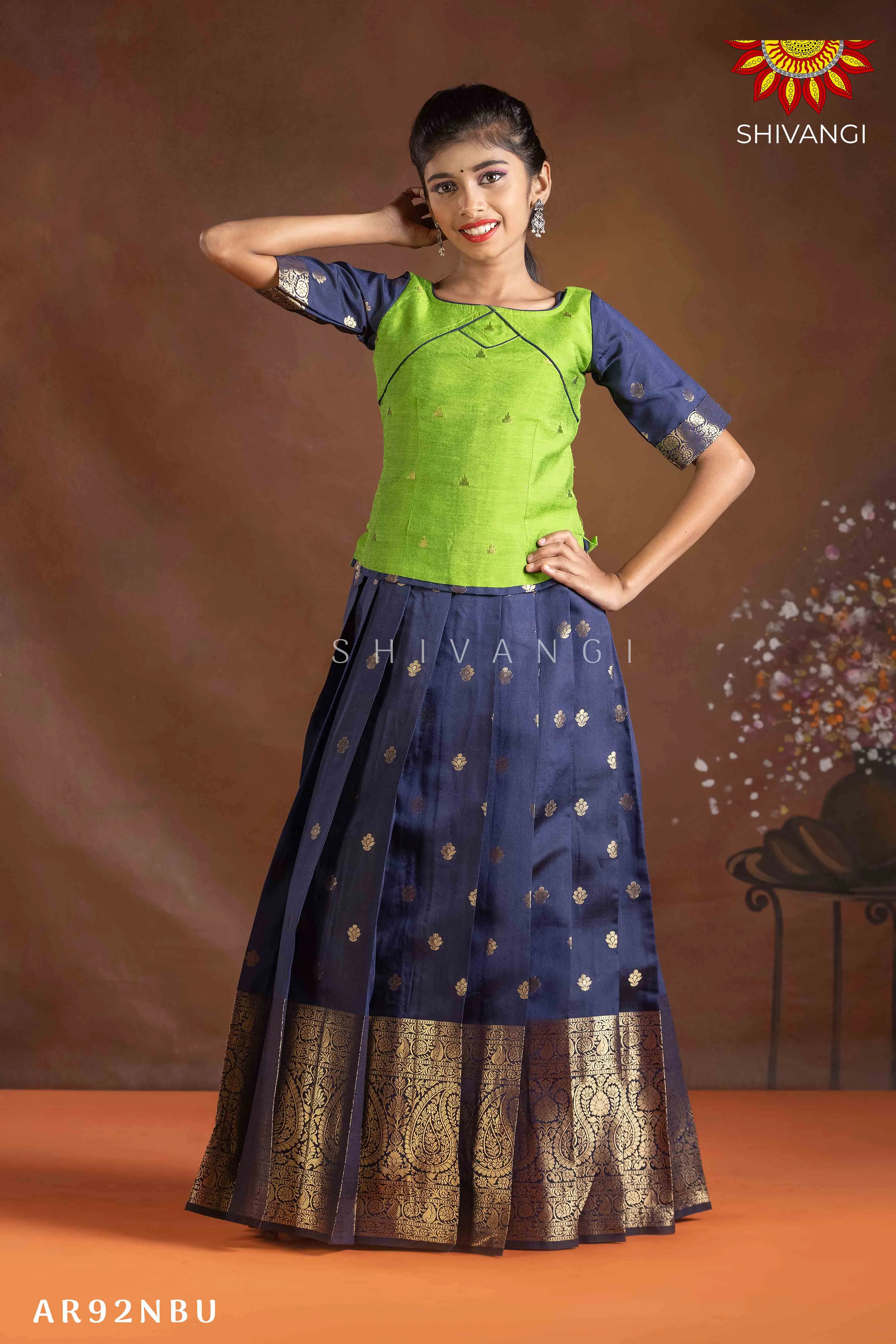 Girls Navy Blue Paisley Mango  Pattu Pavadai | Langa