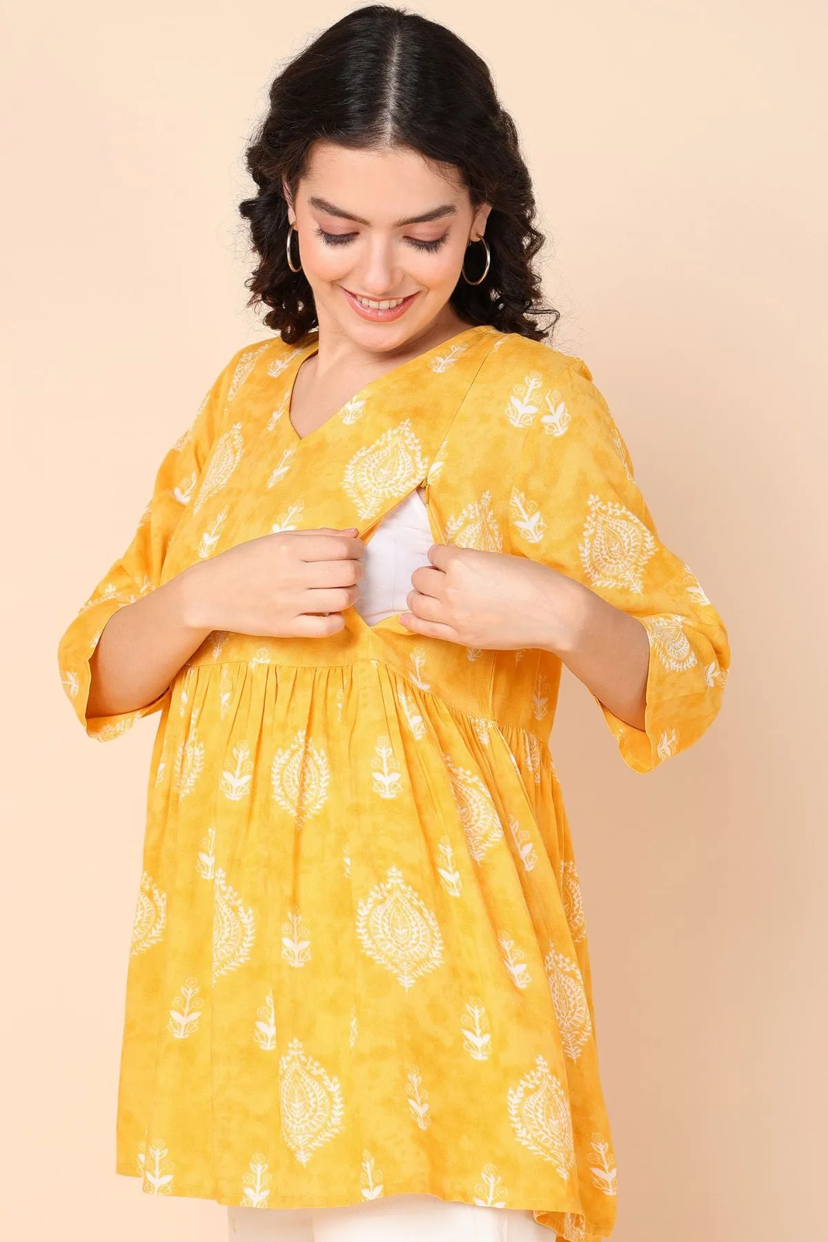 Golden Yellow Printed Rayon Maternity Top