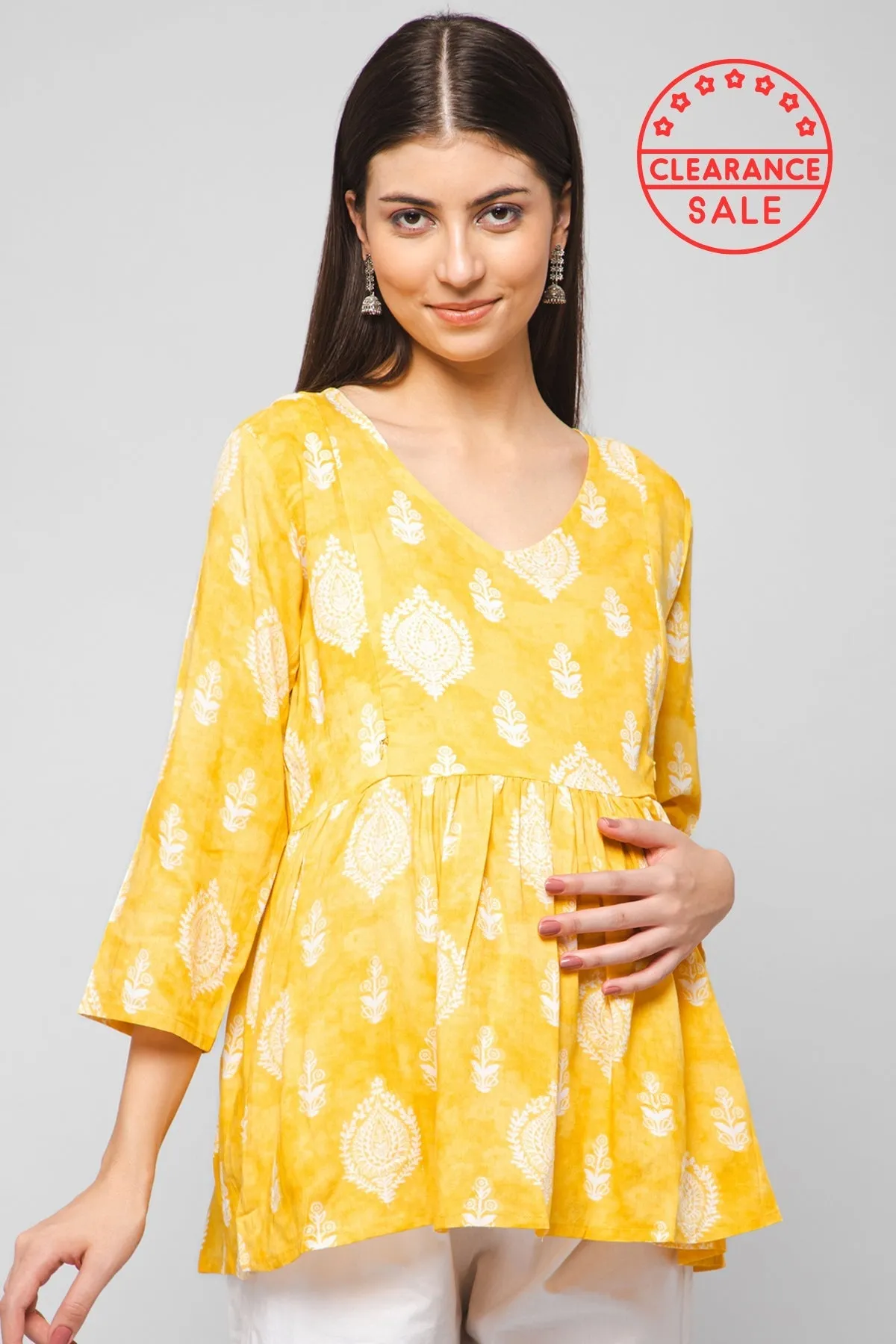 Golden Yellow Printed Rayon Maternity Top