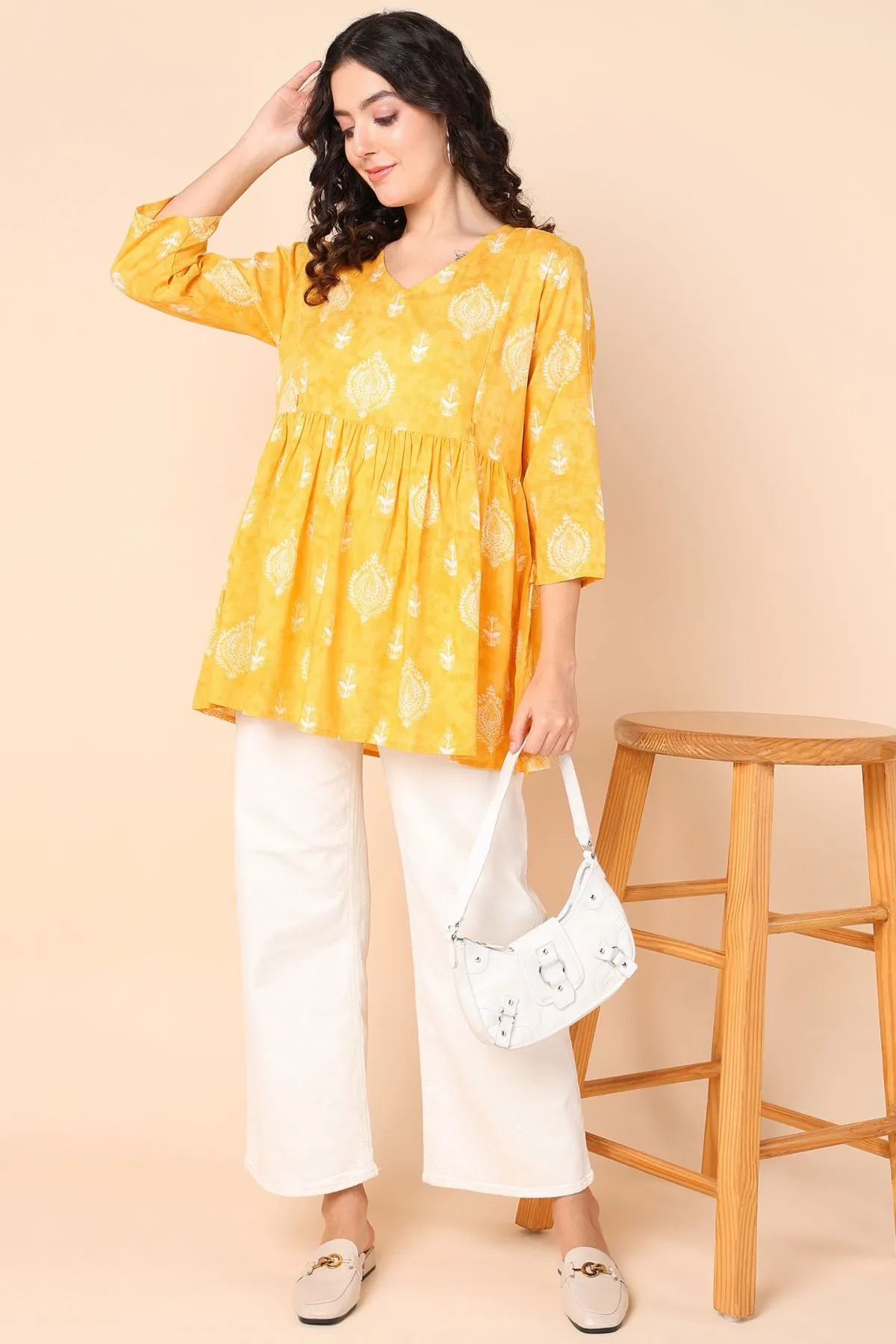 Golden Yellow Printed Rayon Maternity Top