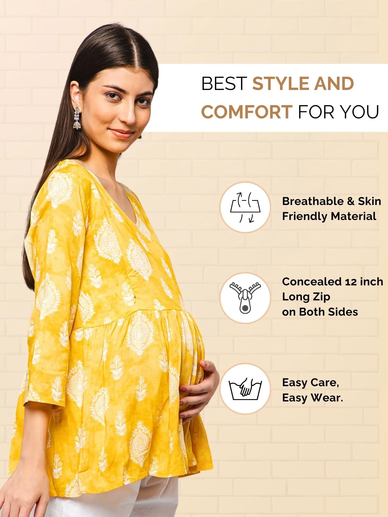 Golden Yellow Printed Rayon Maternity Top