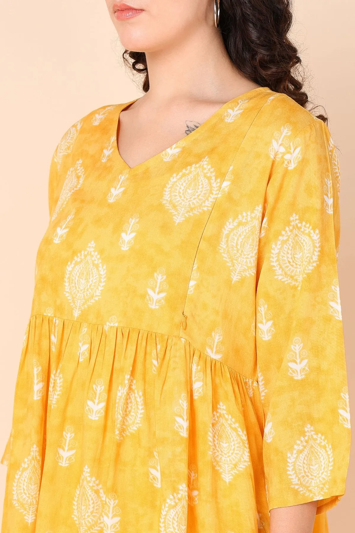 Golden Yellow Printed Rayon Maternity Top