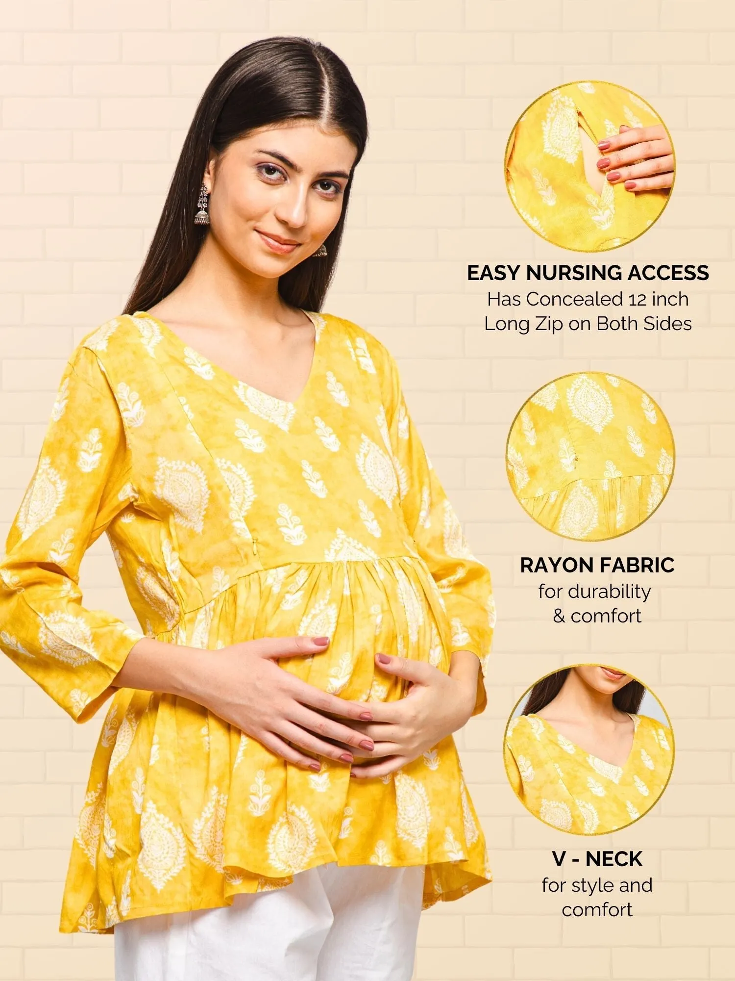 Golden Yellow Printed Rayon Maternity Top