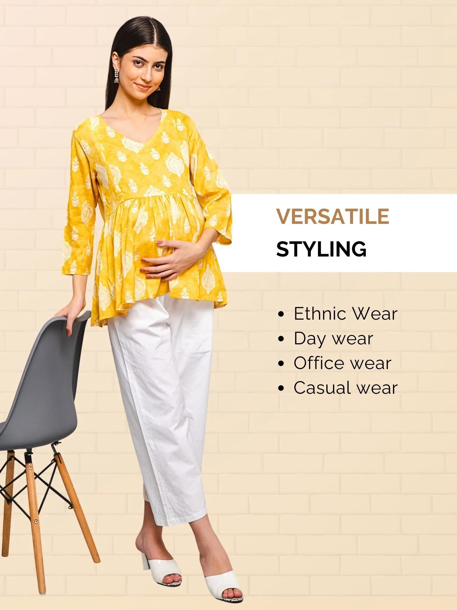 Golden Yellow Printed Rayon Maternity Top