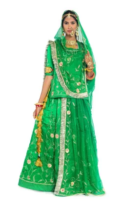 Green Aari Katori Satin Rajputi Poshak